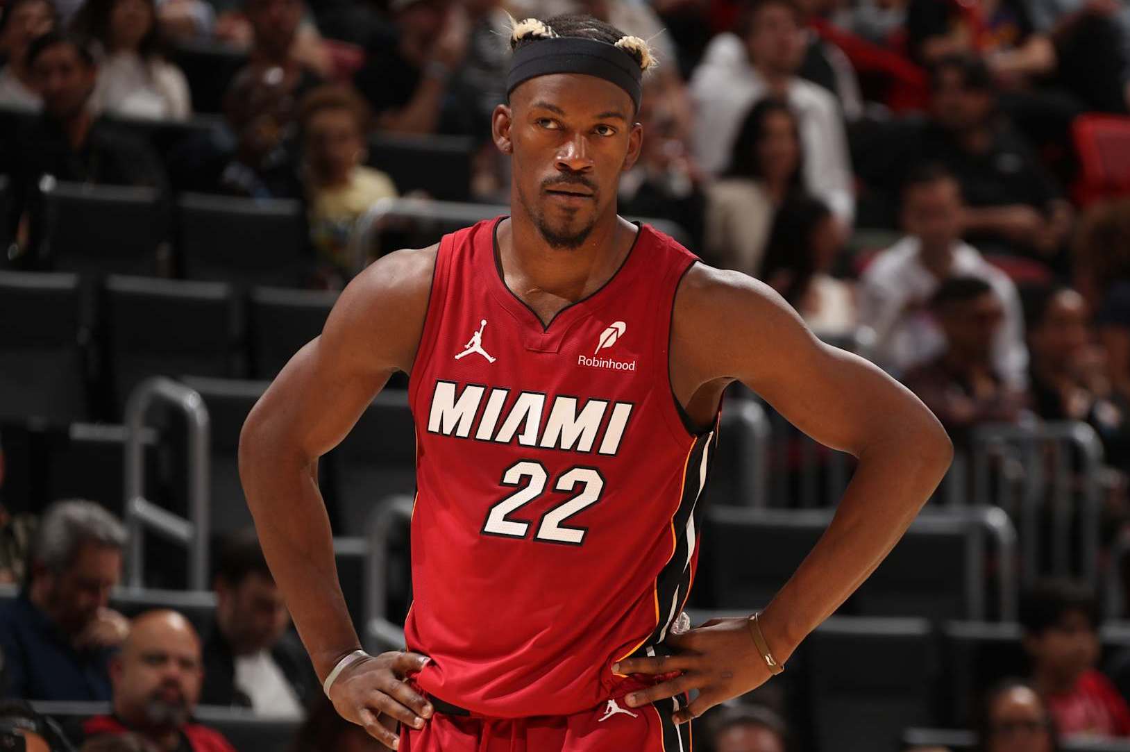 MIAMI, FL - JANUARY 21:  Jimmy Butler #22 of the Miami Heat during the game against the Portland Trail Blazers on January 21, 2025 at Kaseya Center in Miami, Florida. NOTE TO USER: User expressly acknowledges and agrees that, by downloading and or using this Photograph, user is consenting to the terms and conditions of the Getty Images License Agreement. Mandatory Copyright Notice: Copyright 2025 NBAE (Photo by Issac Baldizon/NBAE via Getty Images)