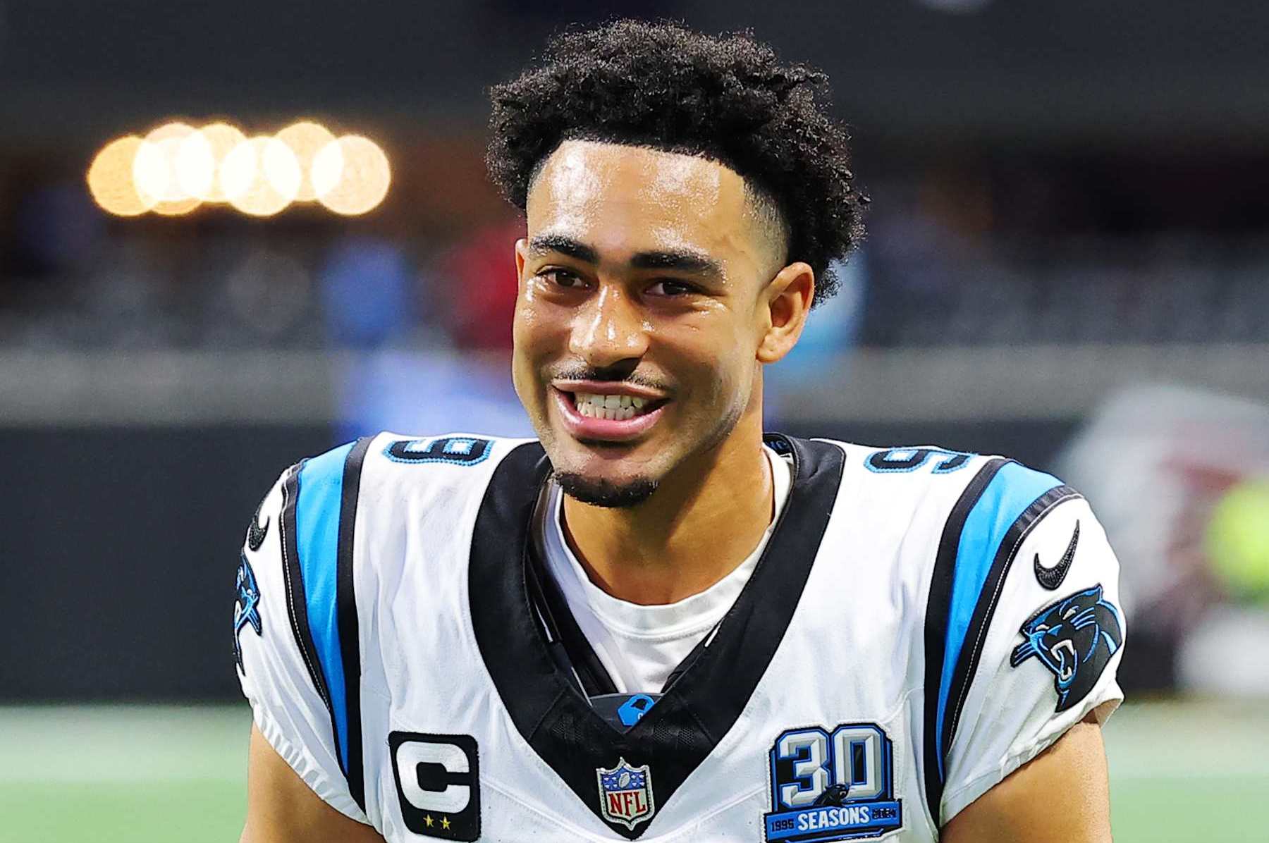 ATLANTA, GEORGIA - JANUARY 05: Bryce Young #9 of the Carolina Panthers celebrates after defeating the Atlanta Falcons 44-38 at Mercedes-Benz Stadium on January 05, 2025 in Atlanta, Georgia. (Photo by Kevin C. Cox/Getty Images)