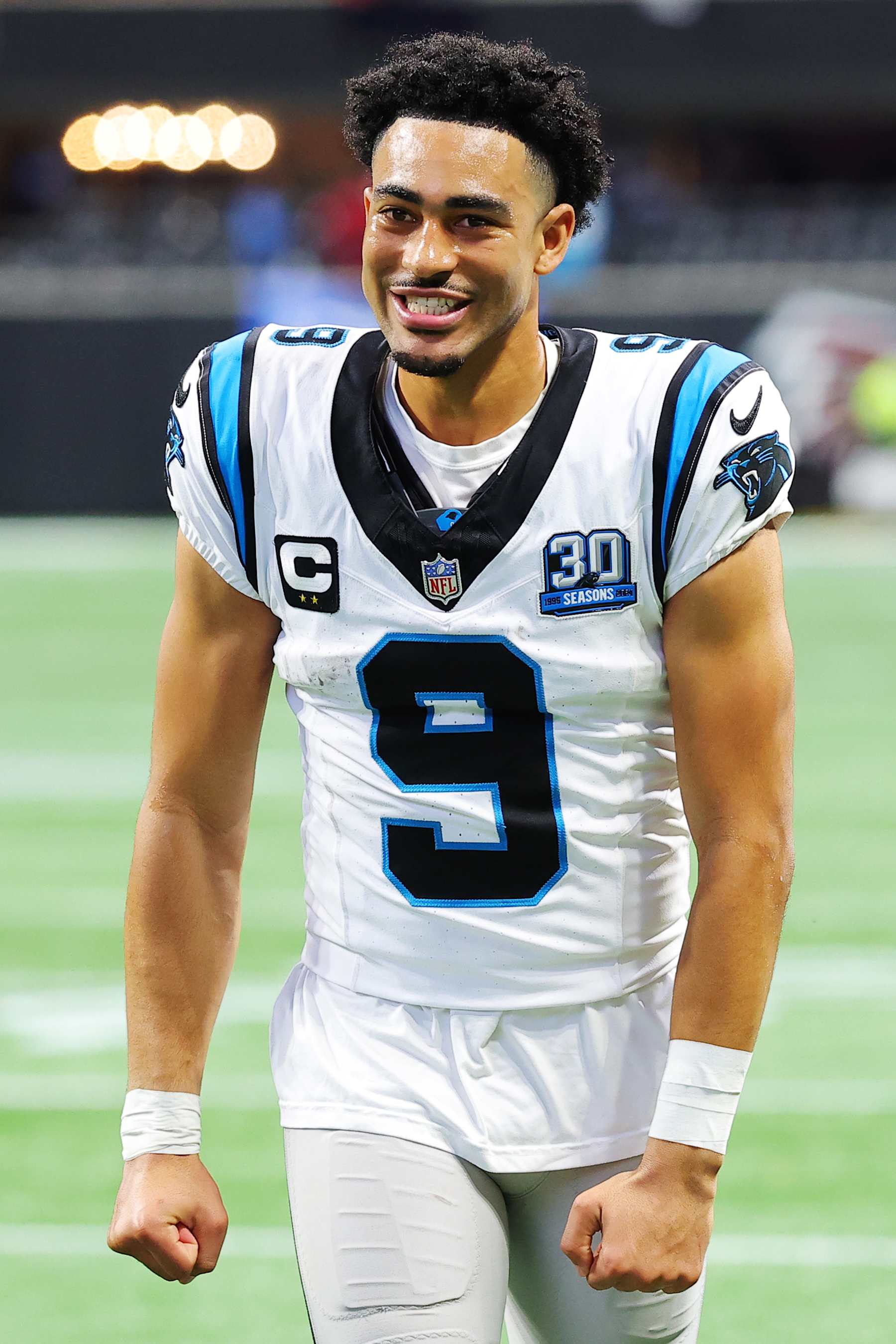 ATLANTA, GEORGIA - JANUARY 05: Bryce Young #9 of the Carolina Panthers celebrates after defeating the Atlanta Falcons 44-38 at Mercedes-Benz Stadium on January 05, 2025 in Atlanta, Georgia. (Photo by Kevin C. Cox/Getty Images)