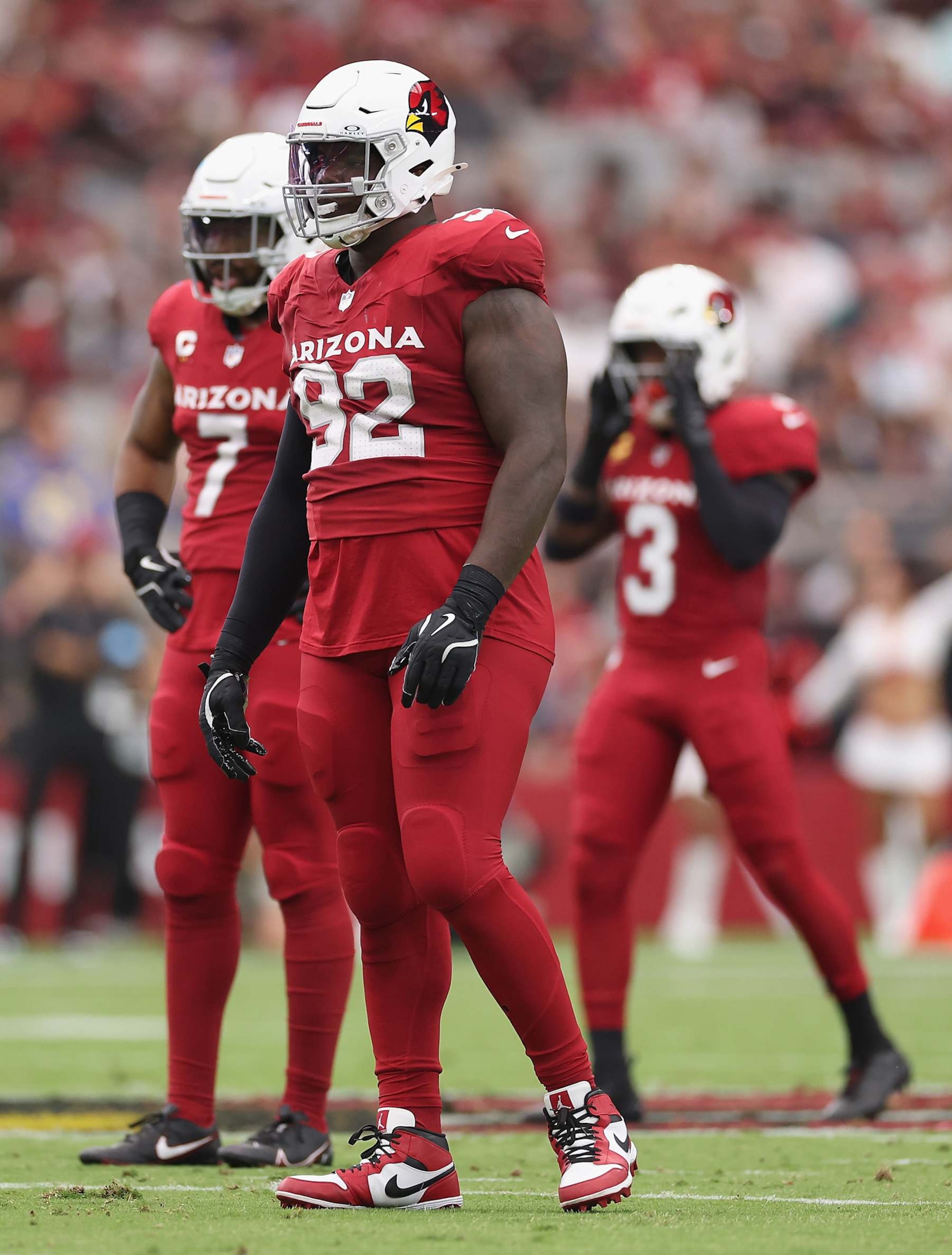 GLENDALE, ARIZONA - SEPTEMBER 15: Defensive tackle Bilal Nichols #92 of the Arizona Cardinals during the NFL game at State Farm Stadium on September 15, 2024 in Glendale, Arizona. The Cardinals defeated the Rams 41-10.  (Photo by Christian Petersen/Getty Images)