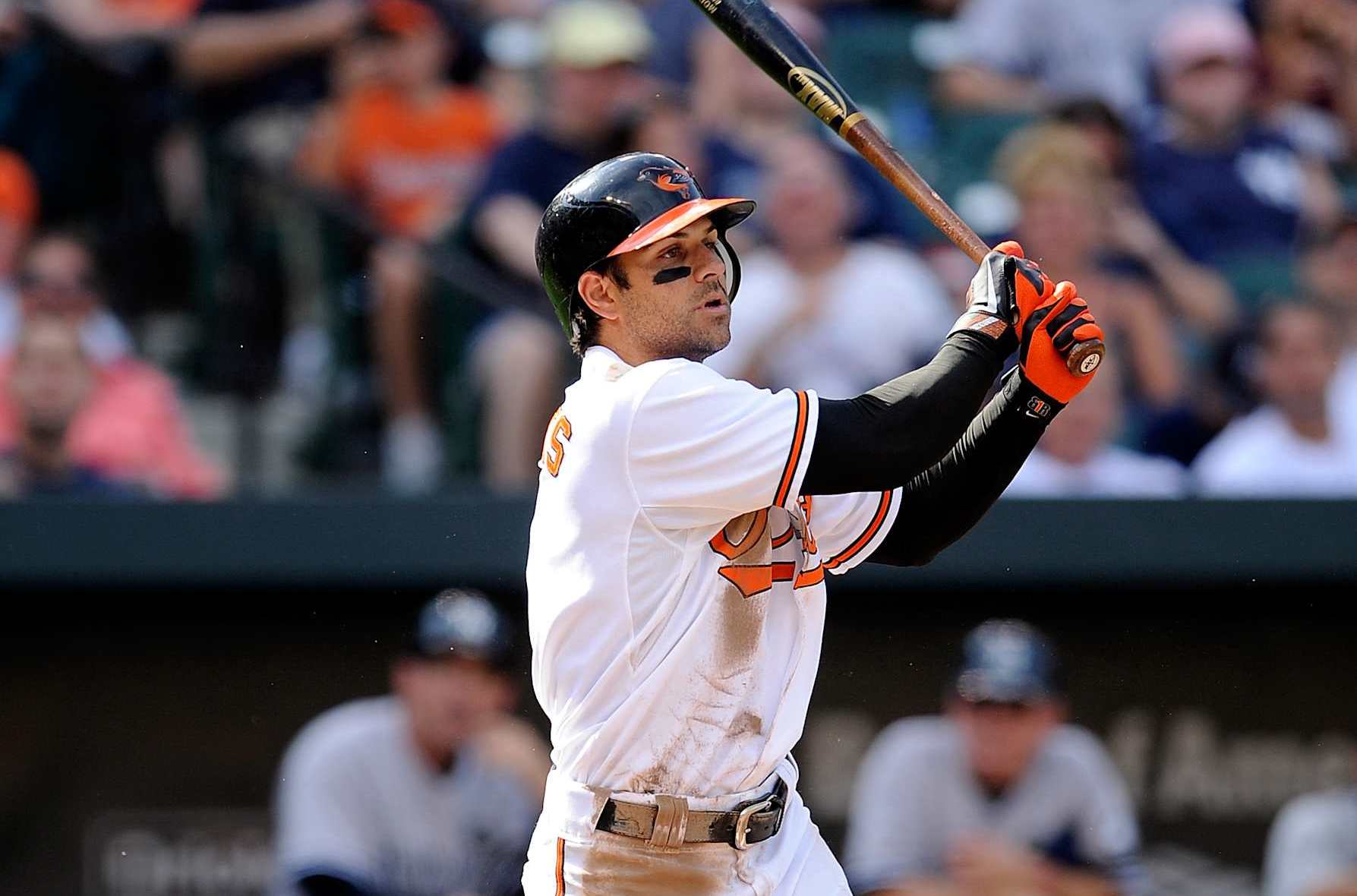 BALTIMORE - SEPTEMBER 19: Brian Roberts #1 of the Baltimore Orioles bats against the New York Yankees at Camden Yards on September 19, 2010 in Baltimore, Maryland. The Orioles won 4-3. (Photo by G Fiume/Getty Images)