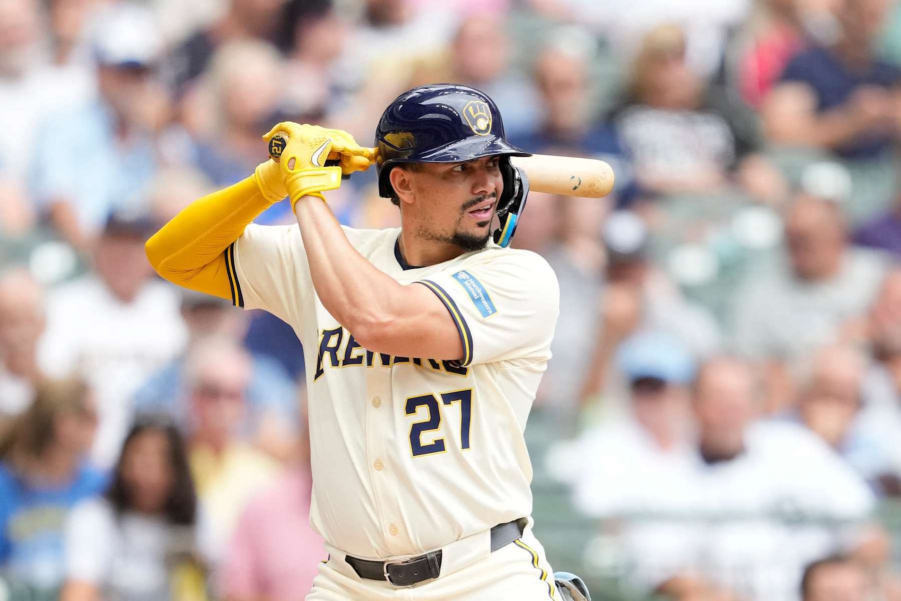 MILWAUKEE, WISCONSIN - AUGUST 29: Willy Adames #27 of the Milwaukee Brewers bats in the second inning against the San Francisco Giants at American Family Field on August 29, 2024 in Milwaukee, Wisconsin. (Photo by Patrick McDermott/Getty Images)