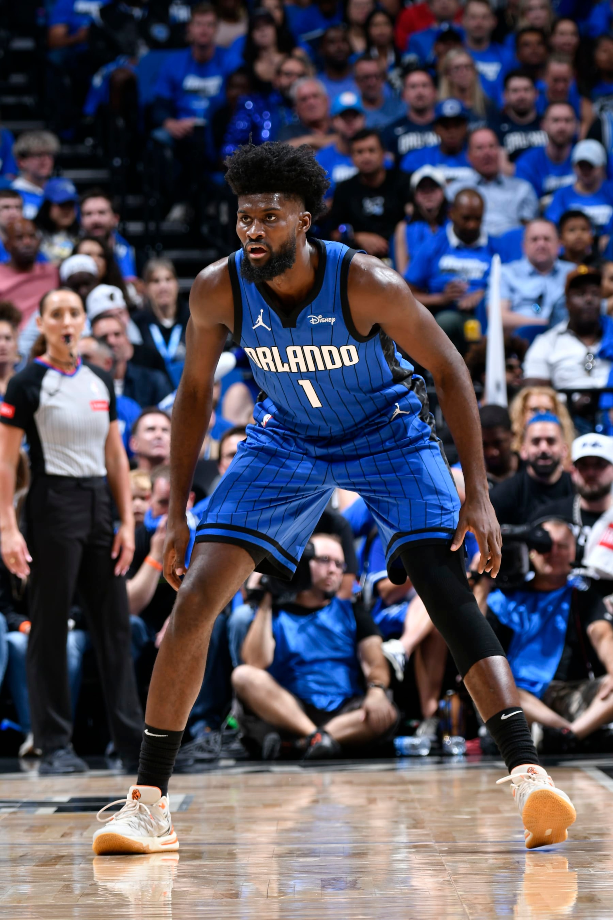 ORLANDO, FL - APRIL 25: Jonathan Isaac #1 of the Orlando Magic looks on during the game against the Cleveland Cavaliers during Round 1 Game 3 of the 2024 NBA Playoffs on April 25, 2024 at Kia Center in Orlando, Florida. NOTE TO USER: User expressly acknowledges and agrees that, by downloading and or using this photograph, User is consenting to the terms and conditions of the Getty Images License Agreement. Mandatory Copyright Notice: Copyright 2023 NBAE (Photo by Fernando Medina/NBAE via Getty Images)