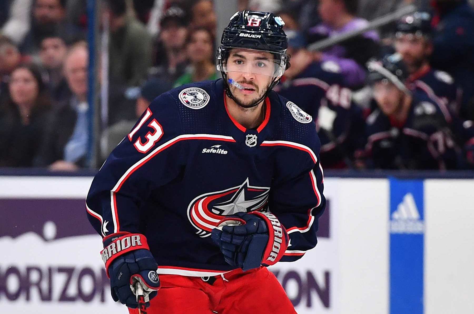 COLUMBUS, OHIO - MARCH 14: Johnny Gaudreau #13 of the Columbus Blue Jackets skates during the first period of a game against the Ottawa Senators at Nationwide Arena on March 14, 2024 in Columbus, Ohio. (Photo by Ben Jackson/NHLI via Getty Images)
