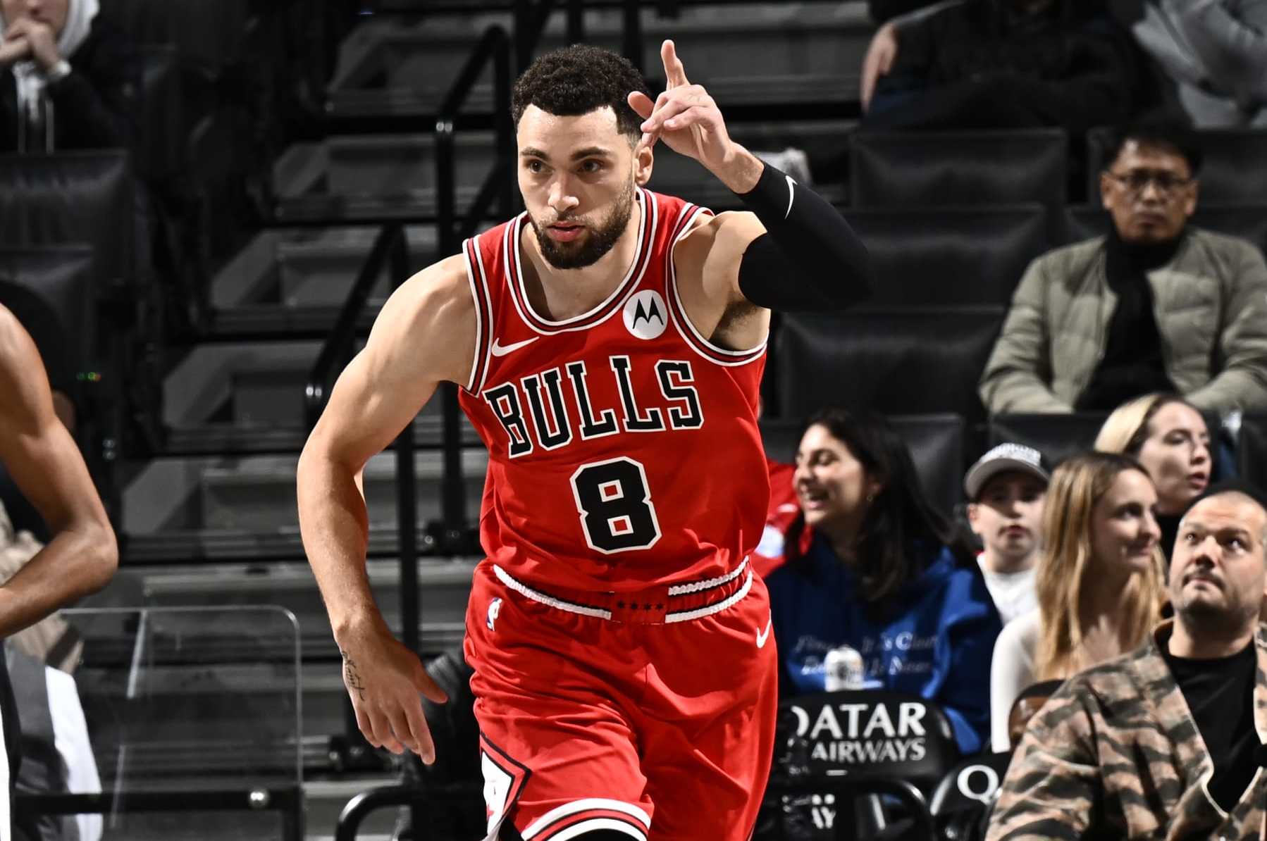 BROOKLYN, NY - NOVEMBER 26: Zach LaVine #8 of the Chicago Bulls looks on during the game against the Brooklyn Nets on November 26, 2023 at Barclays Center in Brooklyn, New York. NOTE TO USER: User expressly acknowledges and agrees that, by downloading and or using this Photograph, user is consenting to the terms and conditions of the Getty Images License Agreement. Mandatory Copyright Notice: Copyright 2023 NBAE (Photo by David Dow/NBAE via Getty Images)