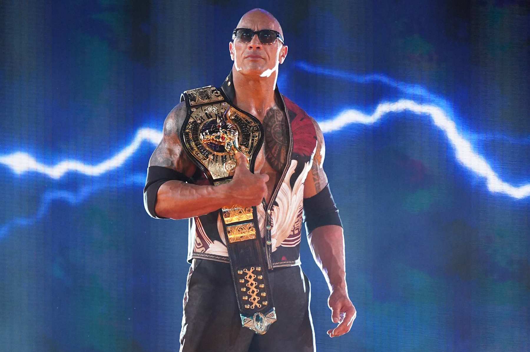 PHILADELPHIA, PENNSYLVANIA - APRIL 6: The Rock making his entrance to the ring at WrestleMania 40 at Lincoln Financial Field on April 6, 2024 in Philadelphia, Pennsylvania. (Photo by WWE/Getty Images)