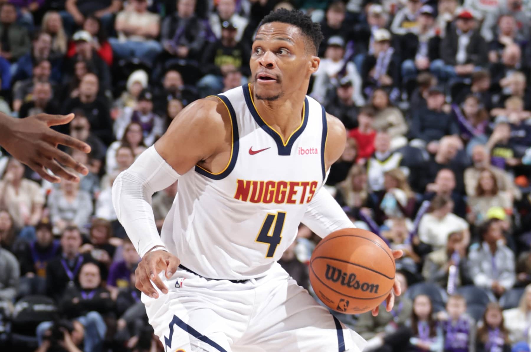 SALT LAKE CITY, UT - DECEMBER 30:  Russell Westbrook #4 of the Denver Nuggets on December 30, 2024 at Delta Center in Salt Lake City, Utah. NOTE TO USER: User expressly acknowledges and agrees that, by downloading and or using this Photograph, User is consenting to the terms and conditions of the Getty Images License Agreement. Mandatory Copyright Notice: Copyright 2024 NBAE (Photo by Melissa Majchrzak/NBAE via Getty Images)