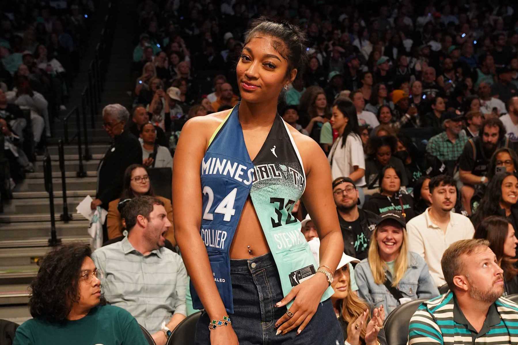 BROOKLYN, NY - OCTOBER 20: Angel Reese attends a game between the Minnesota Lynx and the New York Liberty during Game Five of the 2024 WNBA Finals on October 20, 2024 in Brooklyn, New York. NOTE TO USER: User expressly acknowledges and agrees that, by downloading and or using this photograph, user is consenting to the terms and conditions of the Getty Images License Agreement. Mandatory Copyright Notice: Copyright 2024 NBAE (Photo by Melanie Fidler/NBAE via Getty Images)