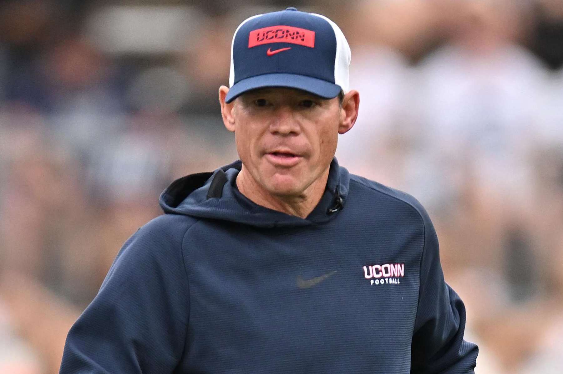 EAST HARTFORD, CT - SEPTEMBER 28: UConn Huskies head coach Jim Mora during the game as the Buffalo Bulls take on the UConn Huskies  on September 28, 2024 at the Pratt & Whitney Stadium in East Hartford, Connecticut. (Photo by Williams Paul/Icon Sportswire via Getty Images)