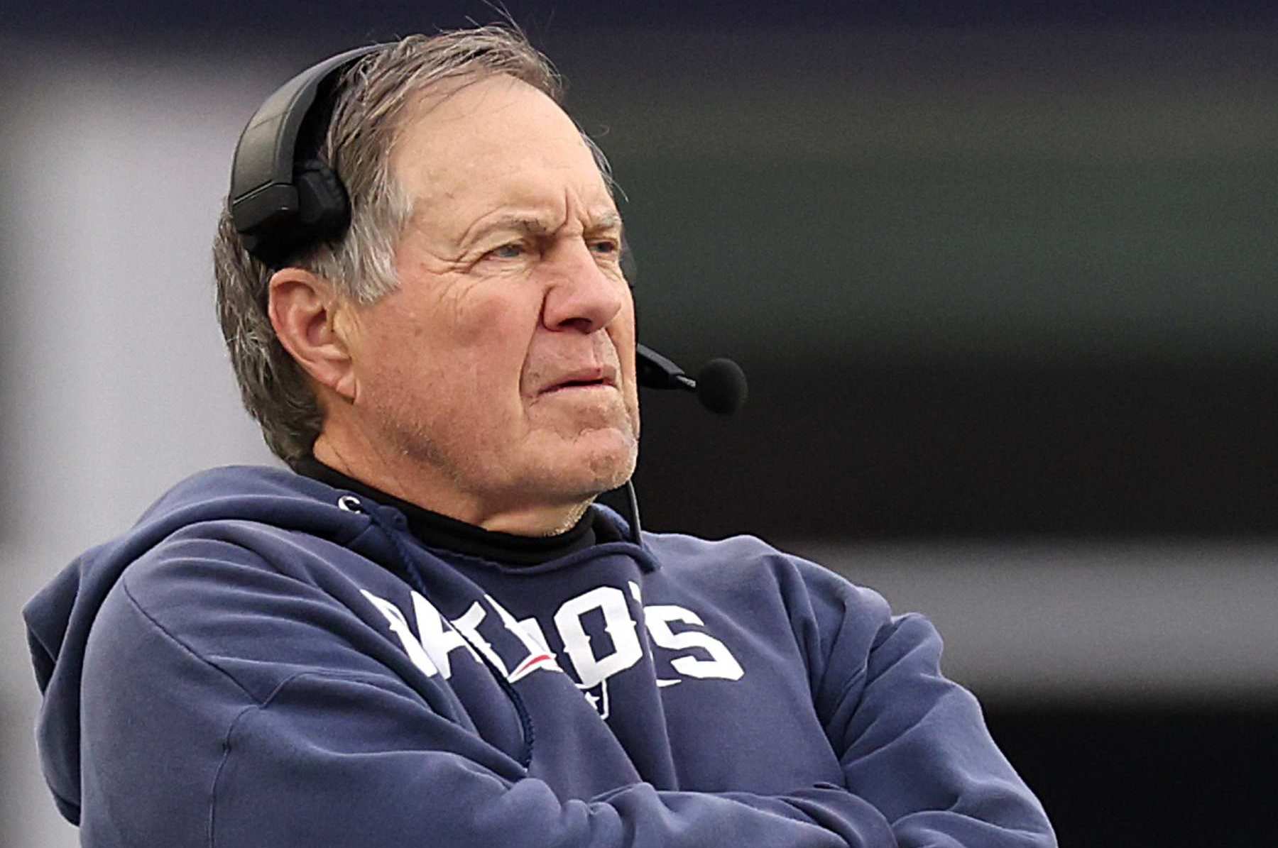 FOXBOROUGH, MASSACHUSETTS - DECEMBER 17: New England Patriots head coach Bill Belichick looks on from the sideline during the game against the Kansas City Chiefs at Gillette Stadium on December 17, 2023 in Foxborough, Massachusetts. (Photo by Maddie Meyer/Getty Images)