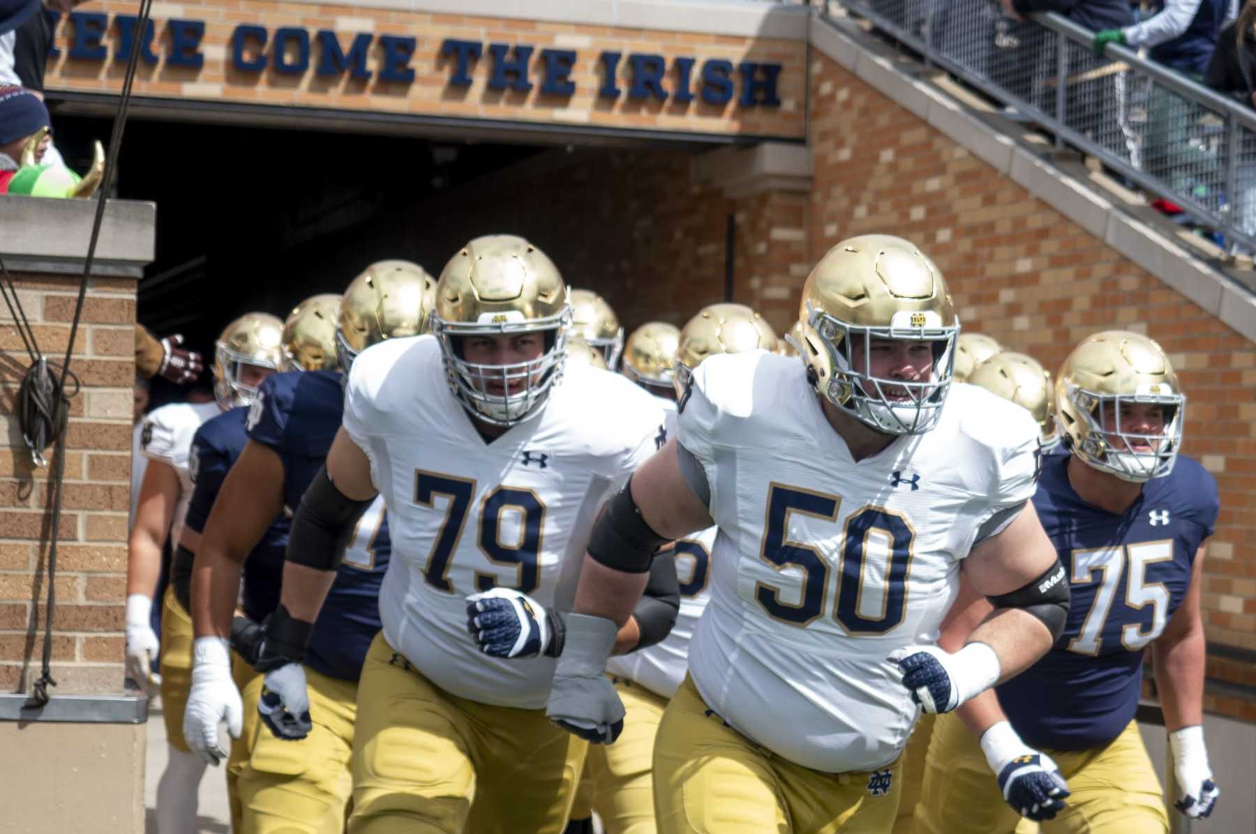 SOUTH BEND, IN - APRIL 20: The Notre Dame Fighting Irish take the field before the Notre Dame Spring Game at Notre Dame Stadium on April 20, 2024. (Photo by Joseph Weiser/Icon Sportswire via Getty Images)