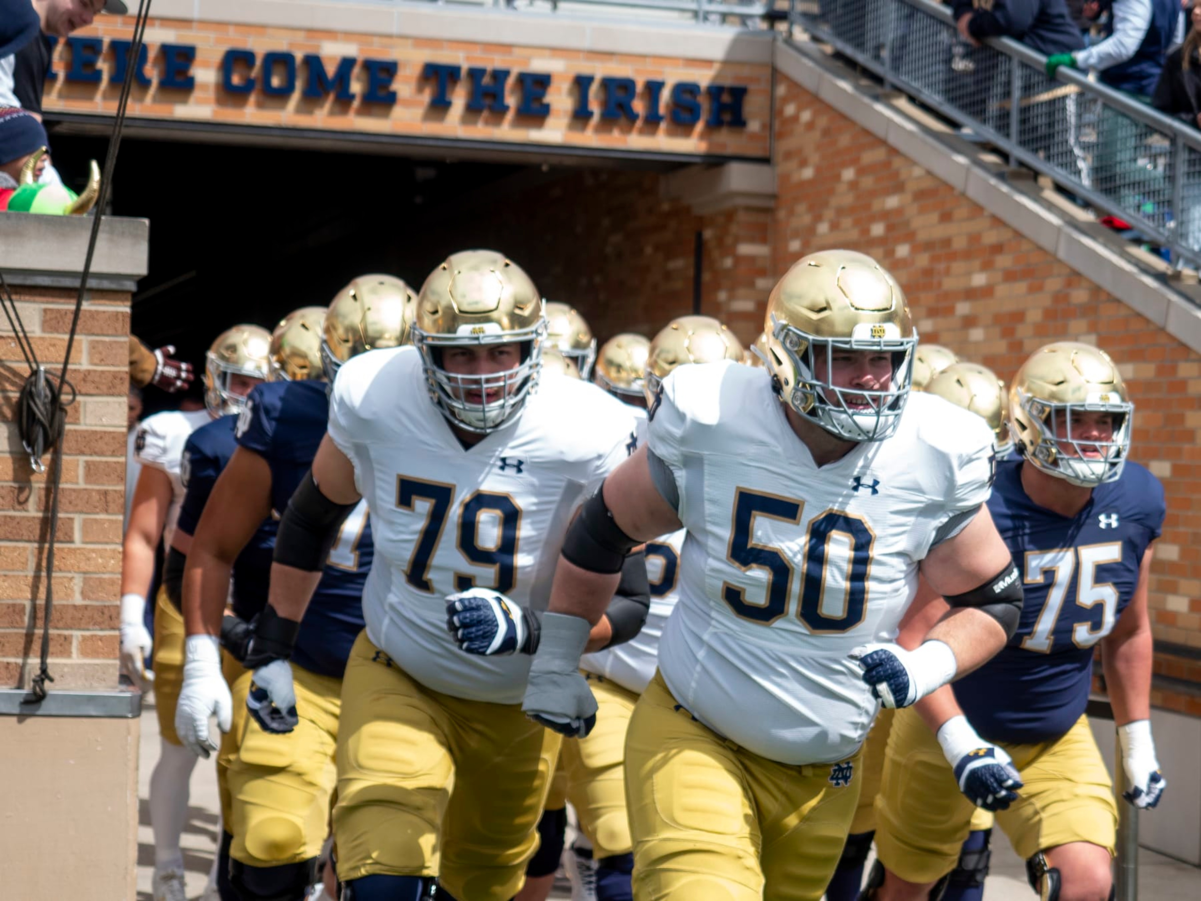 SOUTH BEND, IN - APRIL 20: The Notre Dame Fighting Irish take the field before the Notre Dame Spring Game at Notre Dame Stadium on April 20, 2024. (Photo by Joseph Weiser/Icon Sportswire via Getty Images)