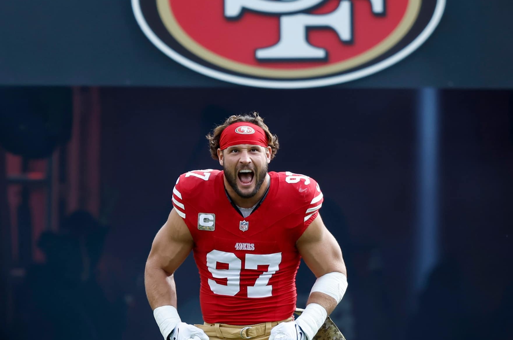 SANTA CLARA, CALIFORNIA - NOVEMBER 17: Nick Bosa #97 of the San Francisco 49ers is introduced before a game against the Seattle Seahawks at Levi's Stadium on November 17, 2024 in Santa Clara, California. (Photo by Lachlan Cunningham/Getty Images)