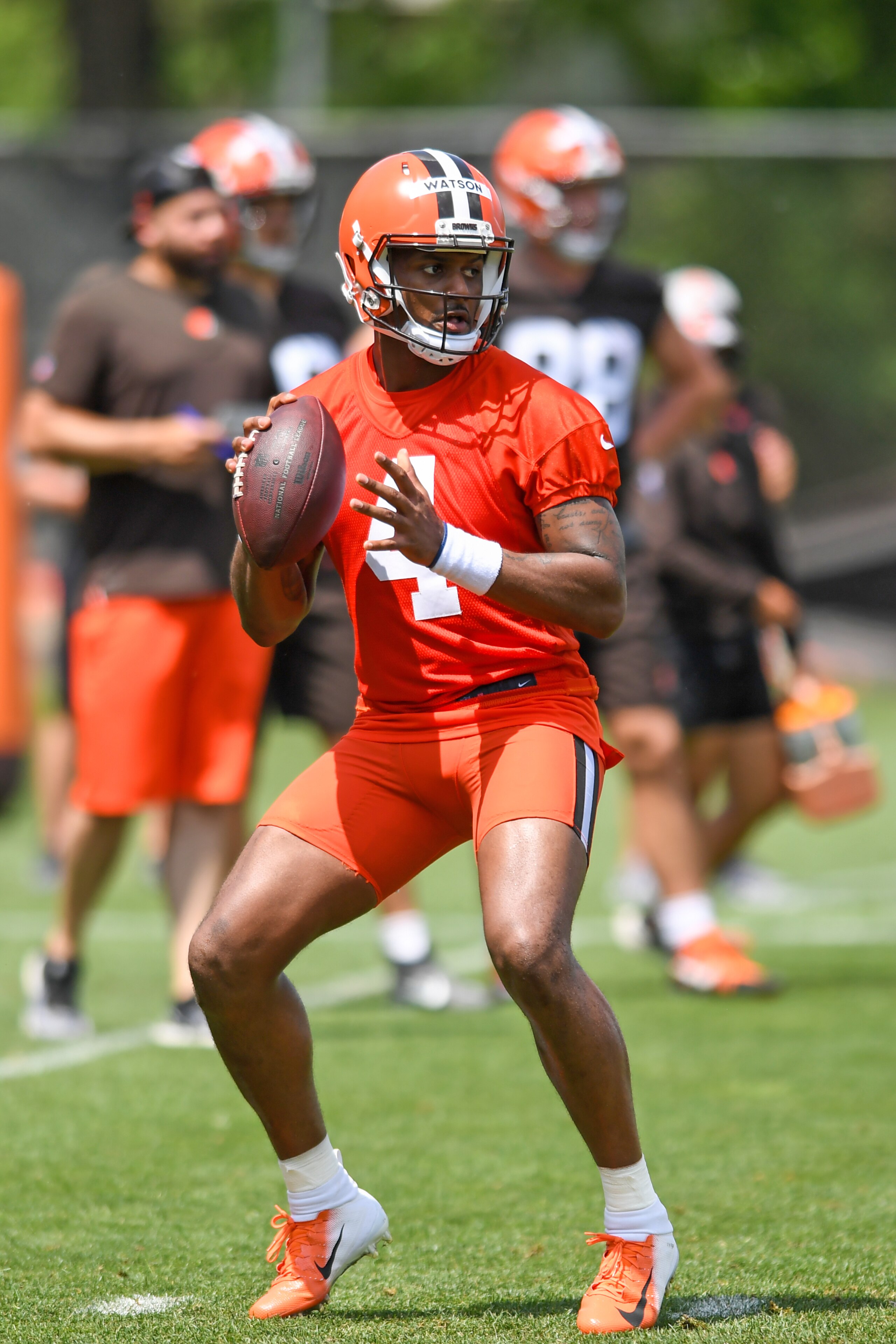 BEREA, OH - JUNE 01: Deshaun Watson #4 of the Cleveland Browns looks to pass during the Cleveland Browns offseason workout at CrossCountry Mortgage Campus on June 1, 2022 in Berea, Ohio. (Photo by Nick Cammett/Diamond Images via Getty Images)