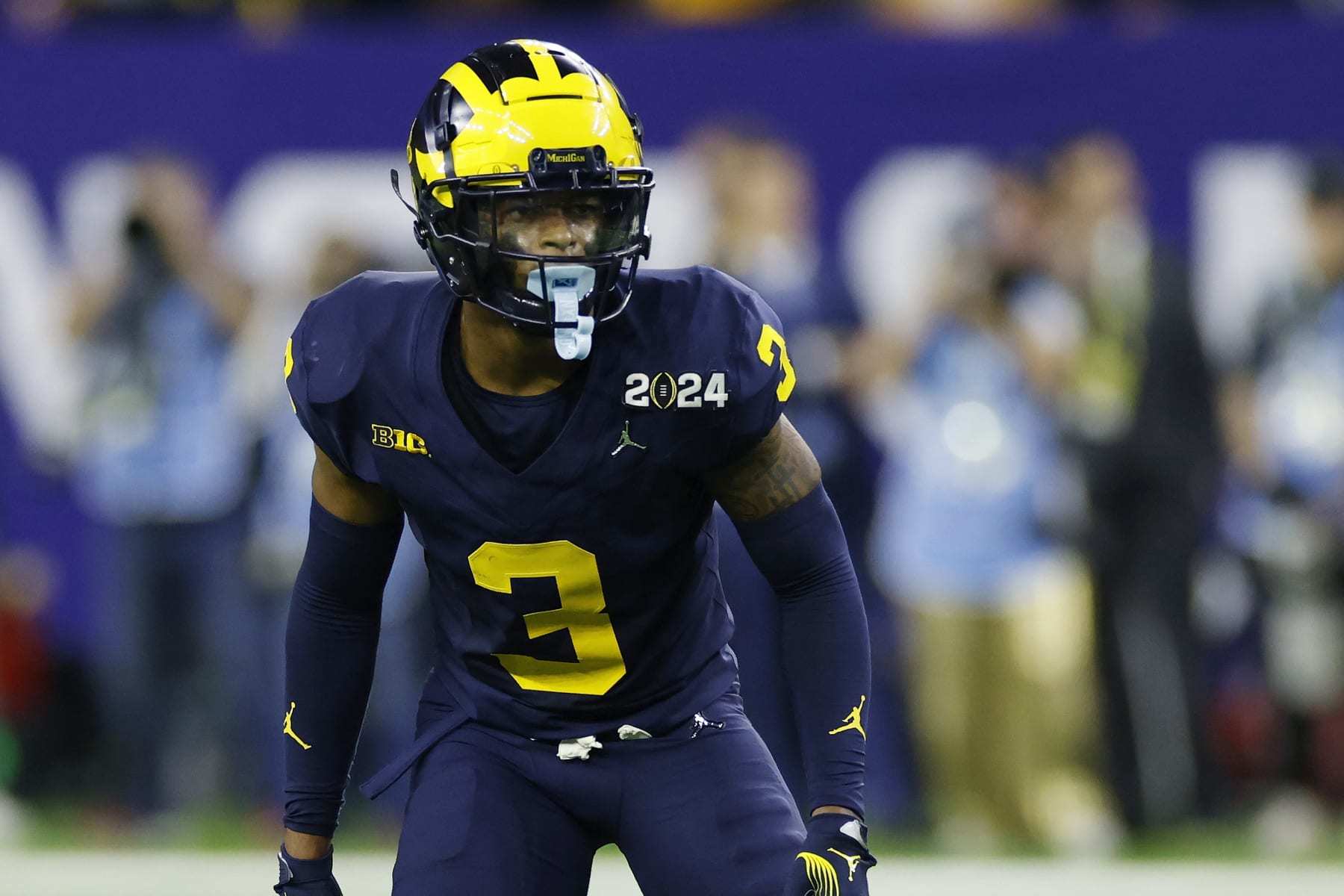 HOUSTON, TX - JANUARY 08: Michigan Wolverines defensive back Keon Sabb (3) lines up on defense during the CFP National Championship against the Washington Huskies on January 08, 2024 at NRG Stadium in Houston, Texas. (Photo by Joe Robbins/Icon Sportswire via Getty Images)