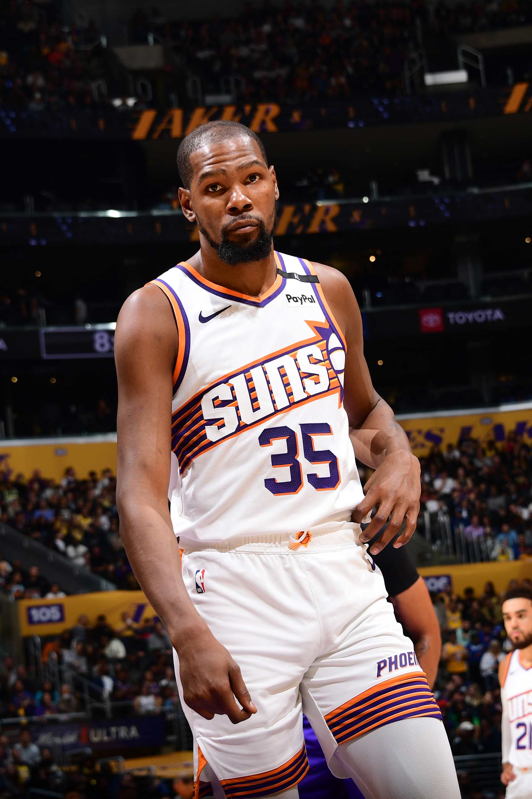 LOS ANGELES, CA - OCTOBER 25: Kevin Durant #35 of the Phoenix Suns looks on during the game against the Los Angeles Lakers on October 25, 2024 at Crypto.Com Arena in Los Angeles, California. NOTE TO USER: User expressly acknowledges and agrees that, by downloading and/or using this Photograph, user is consenting to the terms and conditions of the Getty Images License Agreement. Mandatory Copyright Notice: Copyright 2024 NBAE (Photo by Adam Pantozzi/NBAE via Getty Images)