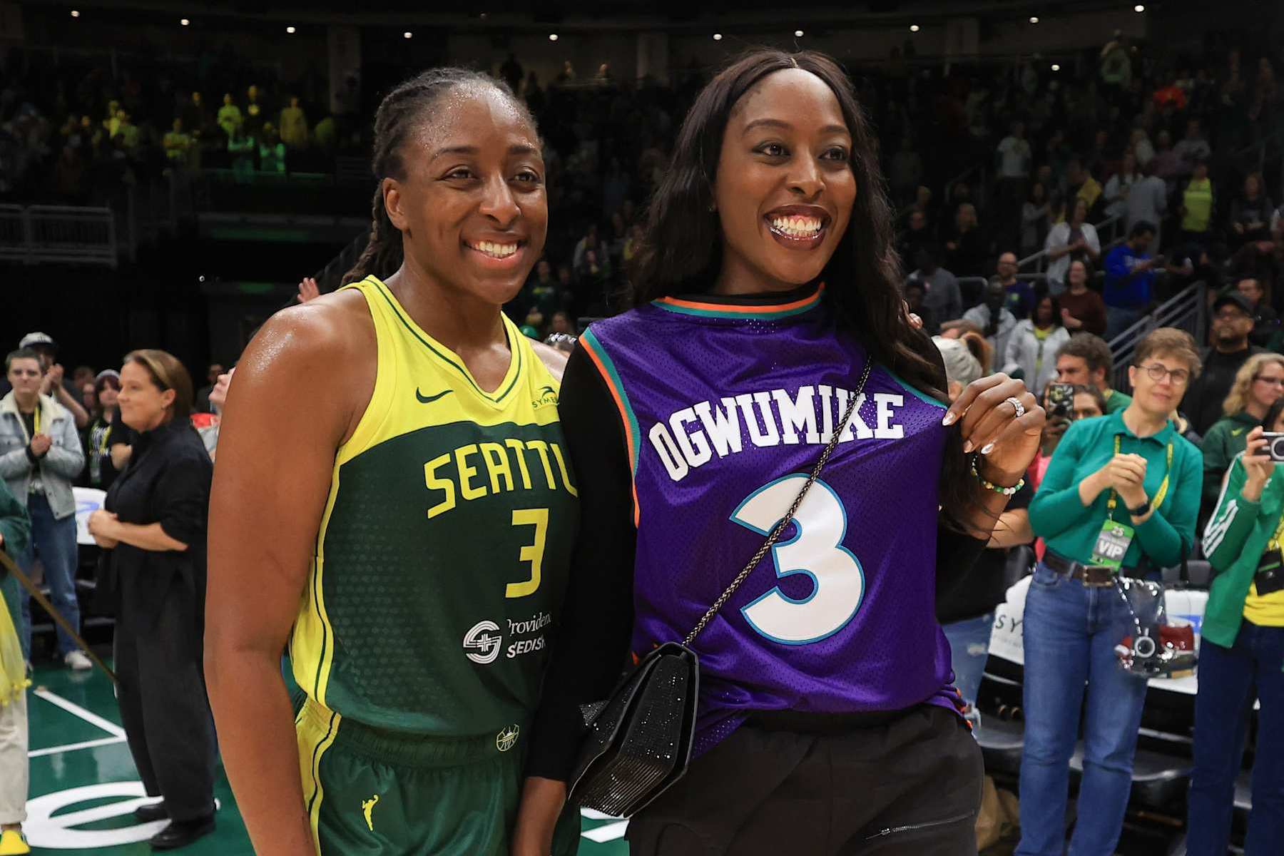 SEATTLE, WA - SEPTEMBER 15: Nneka Ogwumike #3 of the Seattle Storm and Chiney Ogwumike poses for a photo on September 15, 2024 at Climate Pledge Arena in Seattle, Washington. NOTE TO USER: User expressly acknowledges and agrees that, by downloading and or using this photograph, User is consenting to the terms and conditions of the Getty Images License Agreement. Mandatory Copyright Notice: Copyright 2024 NBAE (Photo by Scott Eklund/NBAE via Getty Images)