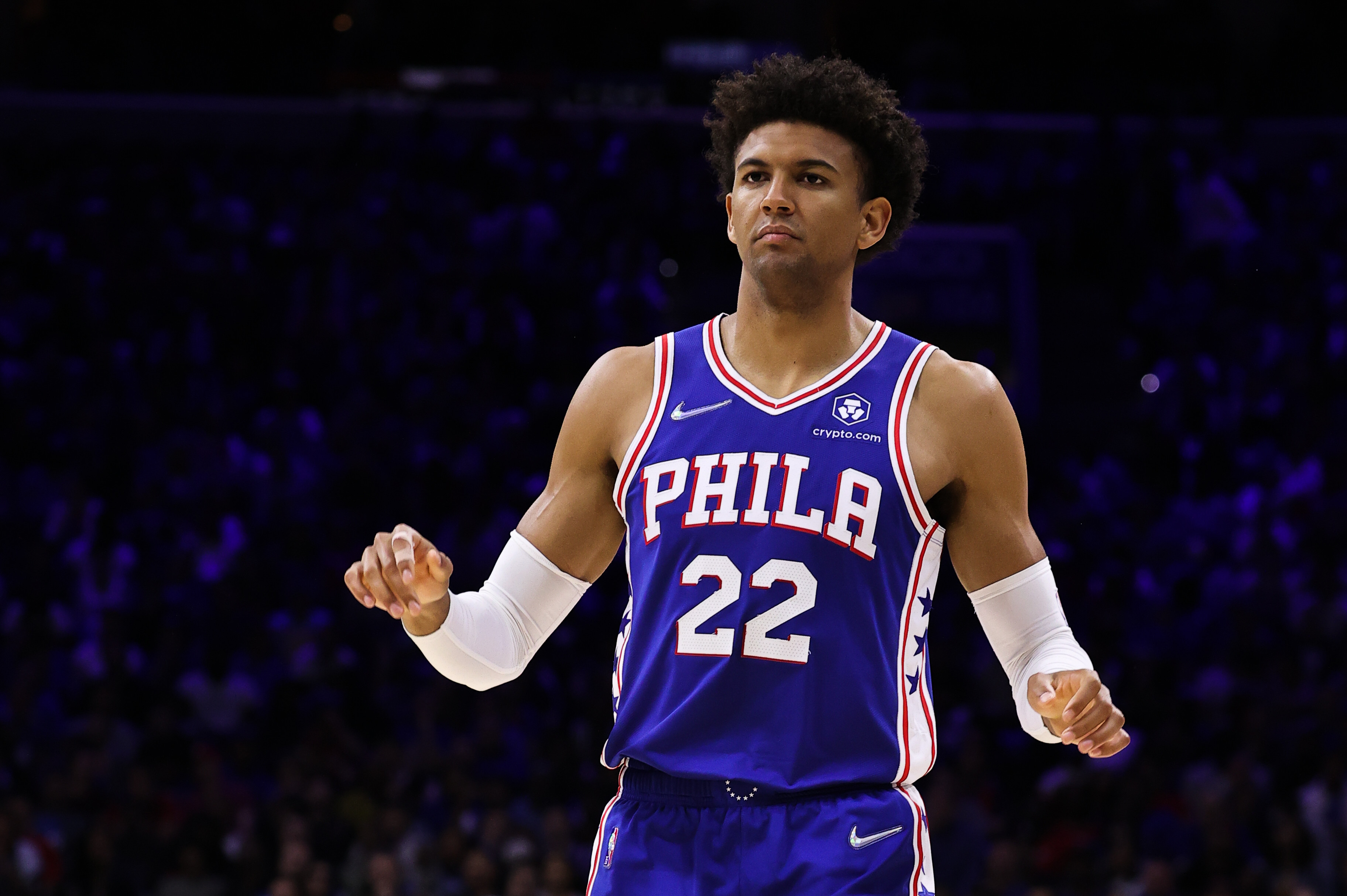 PHILADELPHIA, PA, USA - MAY 12: Matisse Thybulle of Philadelphia 76ers in action during NBA semifinals between Philadelphia 76ers and Miami Heat at the Wells Fargo Center in Philadelphia, Pennsylvania, United States on May 12, 2022. (Photo by Tayfun Coskun/Anadolu Agency via Getty Images)