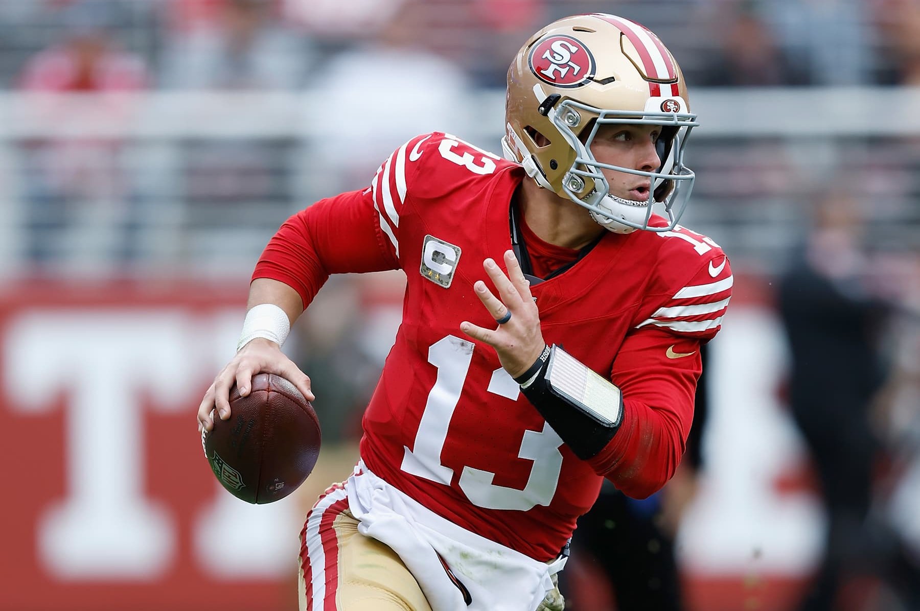 SANTA CLARA, CALIFORNIA - NOVEMBER 17: Brock Purdy #13 of the San Francisco 49ers looks to pass the ball in the second quarter against the Seattle Seahawks at Levi's Stadium on November 17, 2024 in Santa Clara, California. (Photo by Lachlan Cunningham/Getty Images)