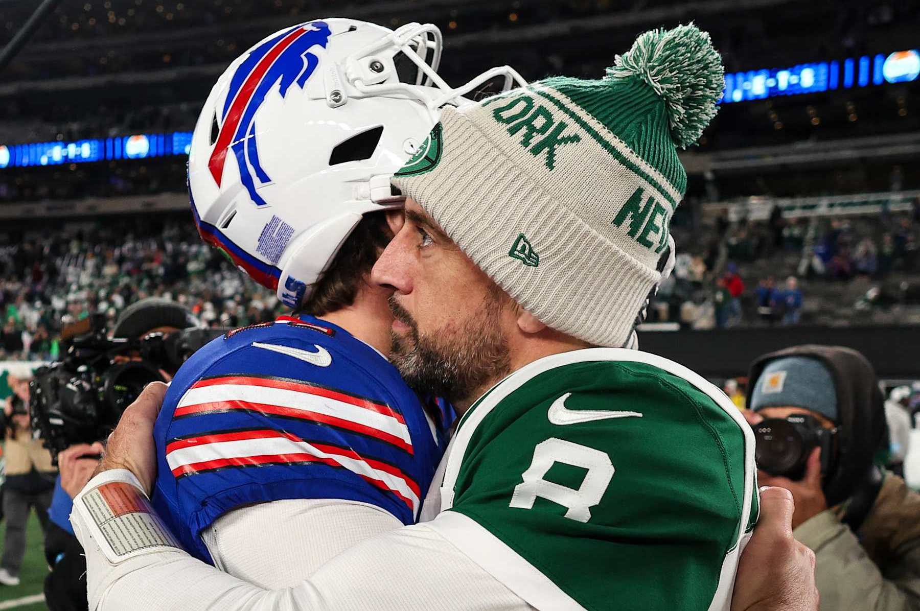 EAST RUTHERFORD, NJ - OCTOBER 14: Josh Allen #17 of the Buffalo Bills talks with Aaron Rodgers #8 of the New York Jets after an NFL football game at MetLife Stadium on October 14, 2024 in East Rutherford, NJ. (Photo by Perry Knotts/Getty Images)