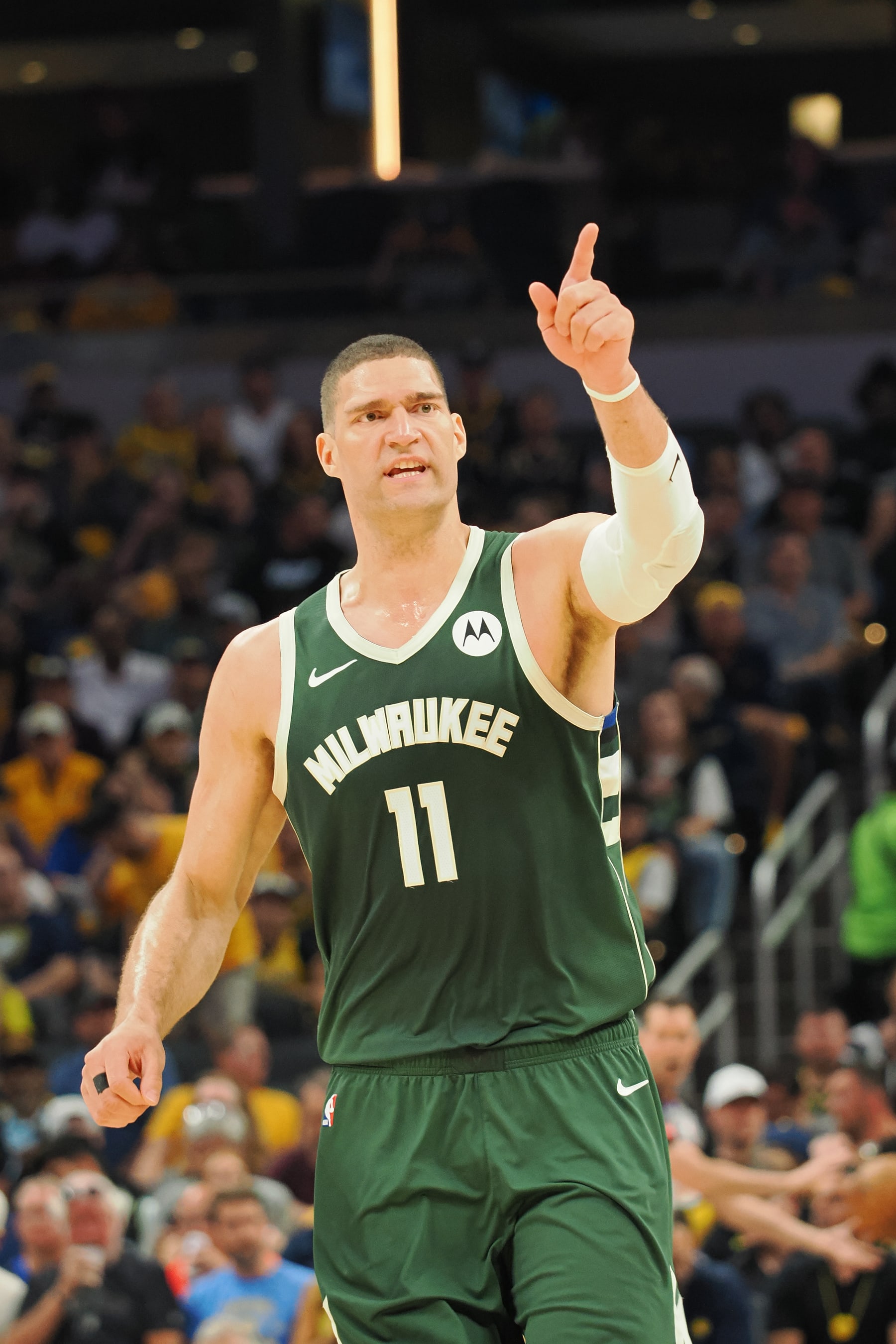 INDIANAPOLIS, IN - APRIL 28: Brook Lopez #11 of the Milwaukee Bucks looks on during the game against the Indiana Pacers during Round 1 Game 4 of the 2024 NBA Playoffs on April 28, 2024 at Gainbridge Fieldhouse in Indianapolis, Indiana. NOTE TO USER: User expressly acknowledges and agrees that, by downloading and or using this Photograph, user is consenting to the terms and conditions of the Getty Images License Agreement. Mandatory Copyright Notice: Copyright 2024 NBAE (Photo by Ron Hoskins/NBAE via Getty Images)
