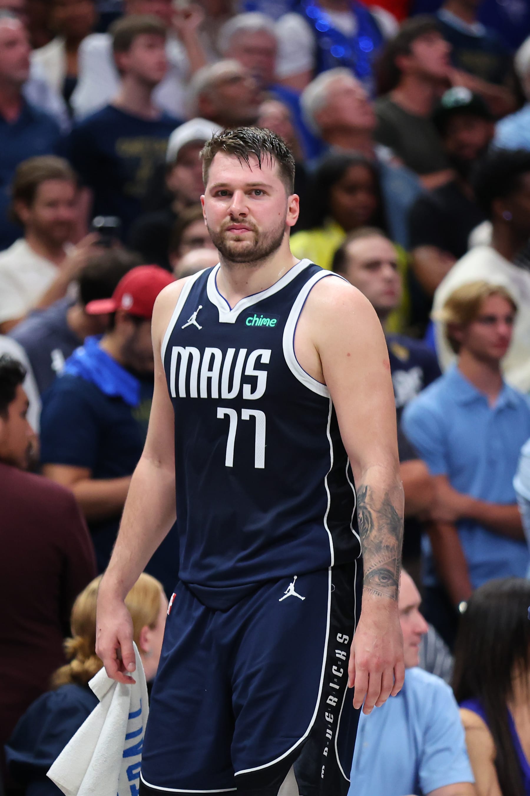 DALLAS, TEXAS - JUNE 12: Luka Dončić #77 of the Dallas Mavericks waits for the result of a video review in the fourth quarter against the Boston Celtics in Game Three of the 2024 NBA Finals at American Airlines Center on June 12, 2024 in Dallas, Texas. NOTE TO USER: User expressly acknowledges and agrees that, by downloading and or using this photograph, User is consenting to the terms and conditions of the Getty Images License Agreement. (Photo by Stacy Revere/Getty Images)