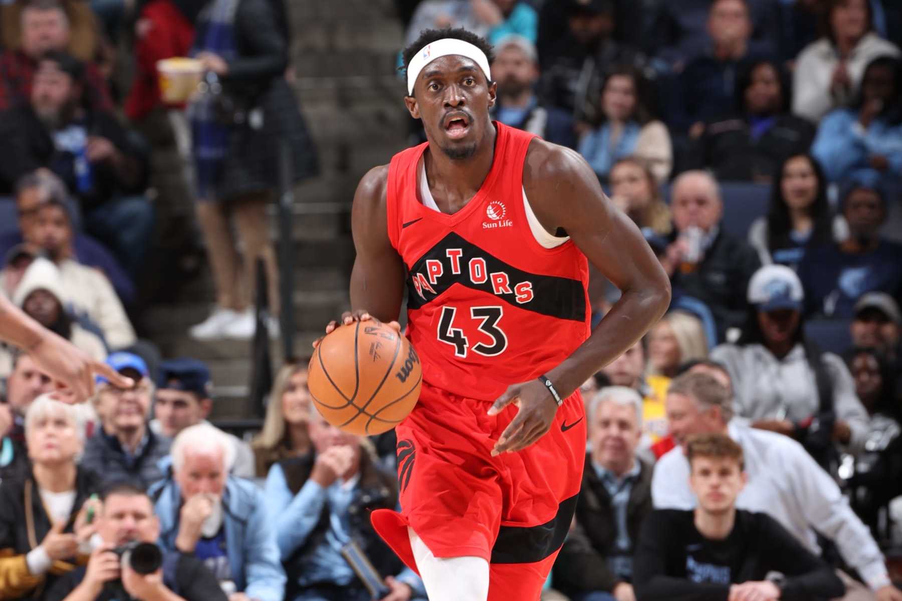 MEMPHIS, TN - JANUARY 3: Pascal Siakam #43 of the Toronto Raptors handles the ball during the game on January 3, 2024 at FedExForum in Memphis, Tennessee. NOTE TO USER: User expressly acknowledges and agrees that, by downloading and or using this photograph, User is consenting to the terms and conditions of the Getty Images License Agreement. Mandatory Copyright Notice: Copyright 2024 NBAE (Photo by Joe Murphy/NBAE via Getty Images)