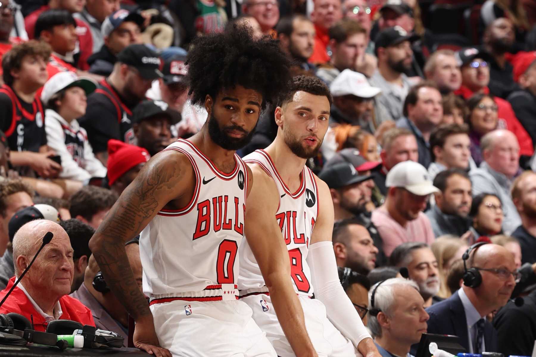 CHICAGO, IL - NOVEMBER 20: Zach LaVine #8 and Coby White #0 of the Chicago Bulls looks on during the game against the Miami Heat on November 20, 2023 at United Center in Chicago, Illinois. NOTE TO USER: User expressly acknowledges and agrees that, by downloading and or using this photograph, User is consenting to the terms and conditions of the Getty Images License Agreement. Mandatory Copyright Notice: Copyright 2023 NBAE (Photo by Jeff Haynes/NBAE via Getty Images)