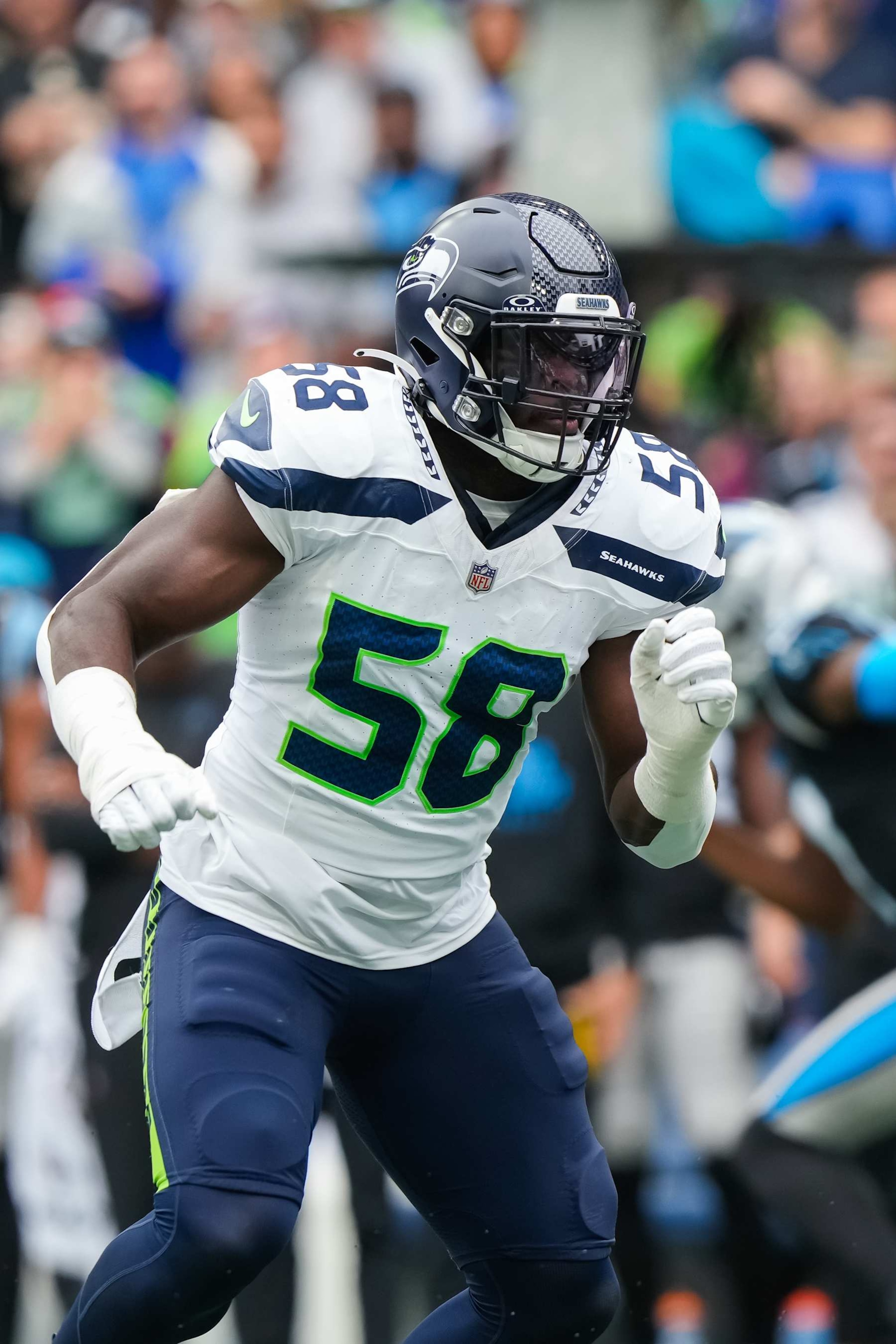 SEATTLE, WASHINGTON - SEPTEMBER 24: Derick Hall #58 of the Seattle Seahawks reacts on defense during the first half of a game against the Carolina Panthers at Lumen Field on September 24, 2023 in Seattle, Washington. (Photo by Christopher Mast/Getty Images) SEATTLE, WASHINGTON - SEPTEMBER 24: Derick Hall #58 of the Seattle Seahawks reacts on defense during the first half of a game against the Carolina Panthers at Lumen Field on September 24, 2023 in Seattle, Washington. (Photo by Christopher Mast/Getty Images)
