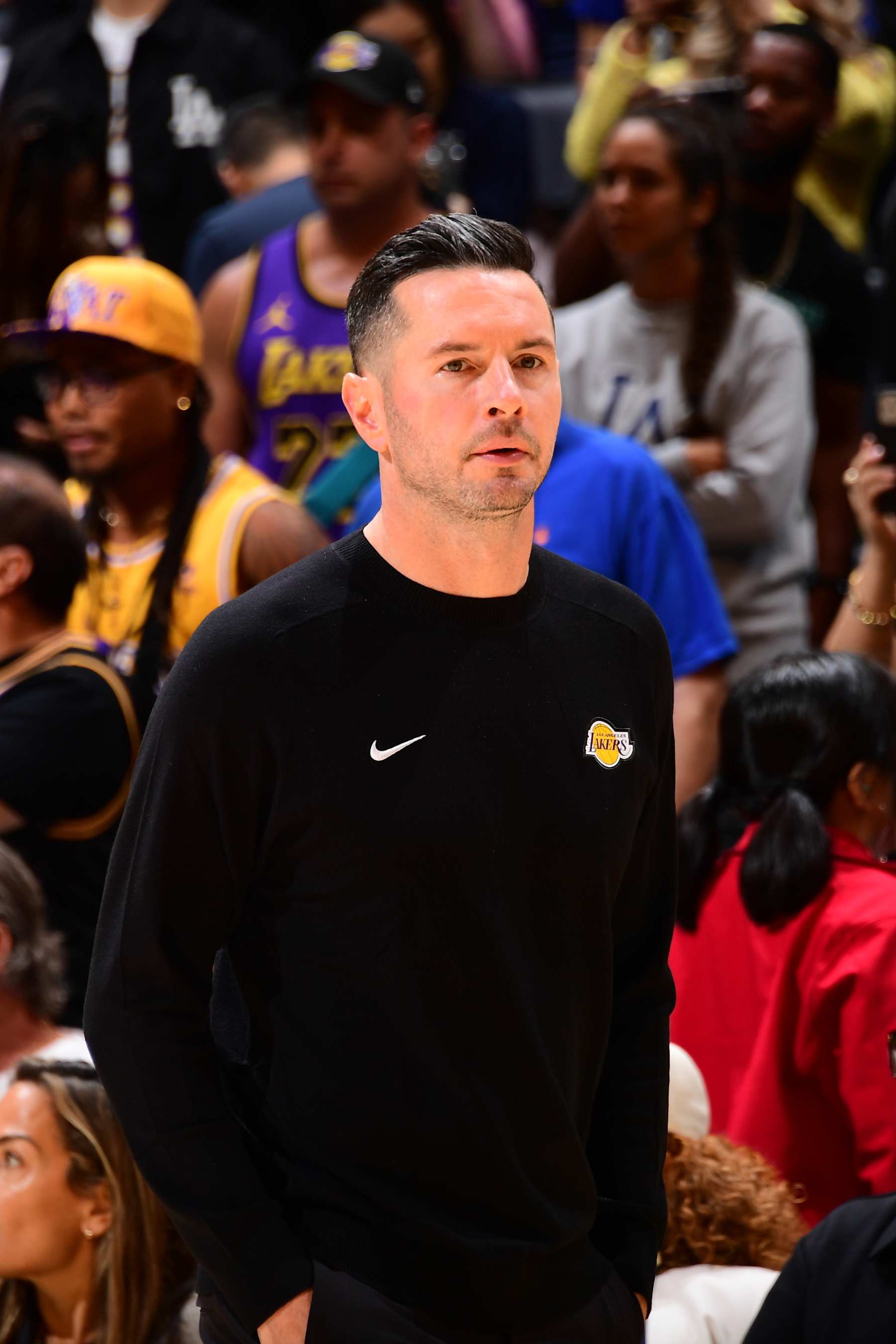 LOS ANGELES, CA - OCTOBER 26: Head Coach JJ Redick of the Los Angeles Lakers looks on during the game against the Sacramento Kings on October 26, 2024 at Crypto.Com Arena in Los Angeles, California. NOTE TO USER: User expressly acknowledges and agrees that, by downloading and/or using this Photograph, user is consenting to the terms and conditions of the Getty Images License Agreement. Mandatory Copyright Notice: Copyright 2024 NBAE (Photo by Adam Pantozzi/NBAE via Getty Images)