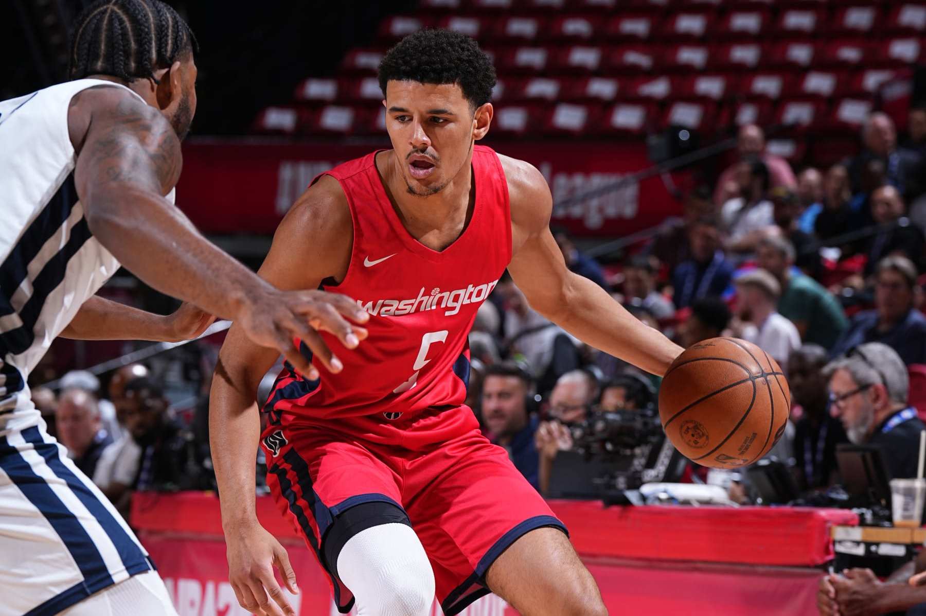 LAS VEGAS, NV - JULY 13: Johnny Davis #5 of the Washington Wizards dribbles the ball during the game against the New Orleans Pelicans during the 2022 Las Vegas Summer League on July 13, 2022 at the Thomas & Mack Center in Las Vegas, Nevada. NOTE TO USER: User expressly acknowledges and agrees that, by downloading and/or using this Photograph, user is consenting to the terms and conditions of the Getty Images License Agreement. Mandatory Copyright Notice: Copyright 2022 NBAE (Photo by Garrett Ellwood/NBAE via Getty Images) LAS VEGAS, NV - JULY 13: Johnny Davis #5 of the Washington Wizards dribbles the ball during the game against the New Orleans Pelicans during the 2022 Las Vegas Summer League on July 13, 2022 at the Thomas & Mack Center in Las Vegas, Nevada. NOTE TO USER: User expressly acknowledges and agrees that, by downloading and/or using this Photograph, user is consenting to the terms and conditions of the Getty Images License Agreement. Mandatory Copyright Notice: Copyright 2022 NBAE (Photo by Garrett Ellwood/NBAE via Getty Images)