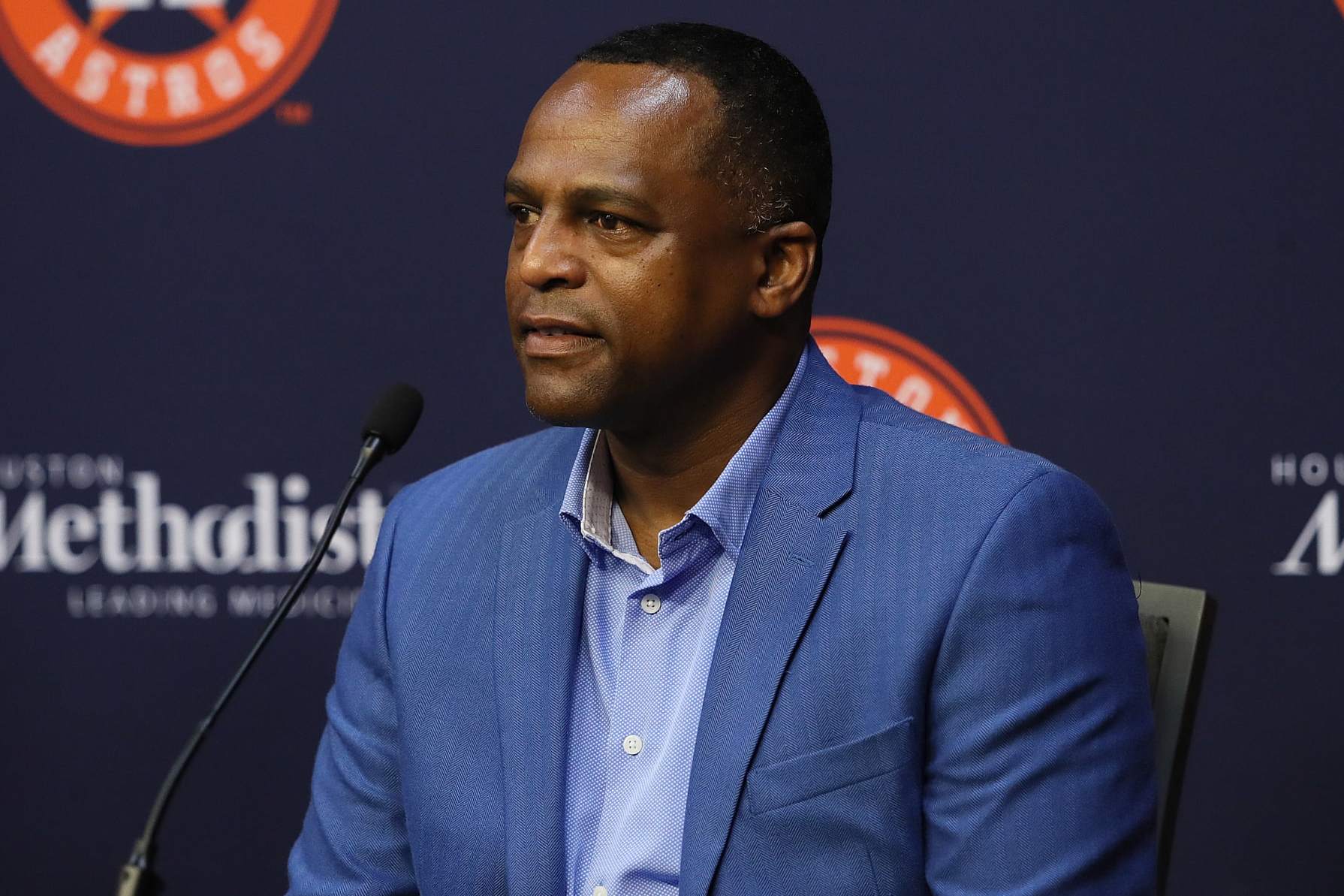 HOUSTON, TEXAS - OCTOBER 26: General manager Dana Brown of the Houston Astros at a press conference announcing the retirement of Dusty Baker Jr. as the manager of the Houston Astros at Minute Maid Park on October 26, 2023 in Houston, Texas. (Photo by Bob Levey/Getty Images)
