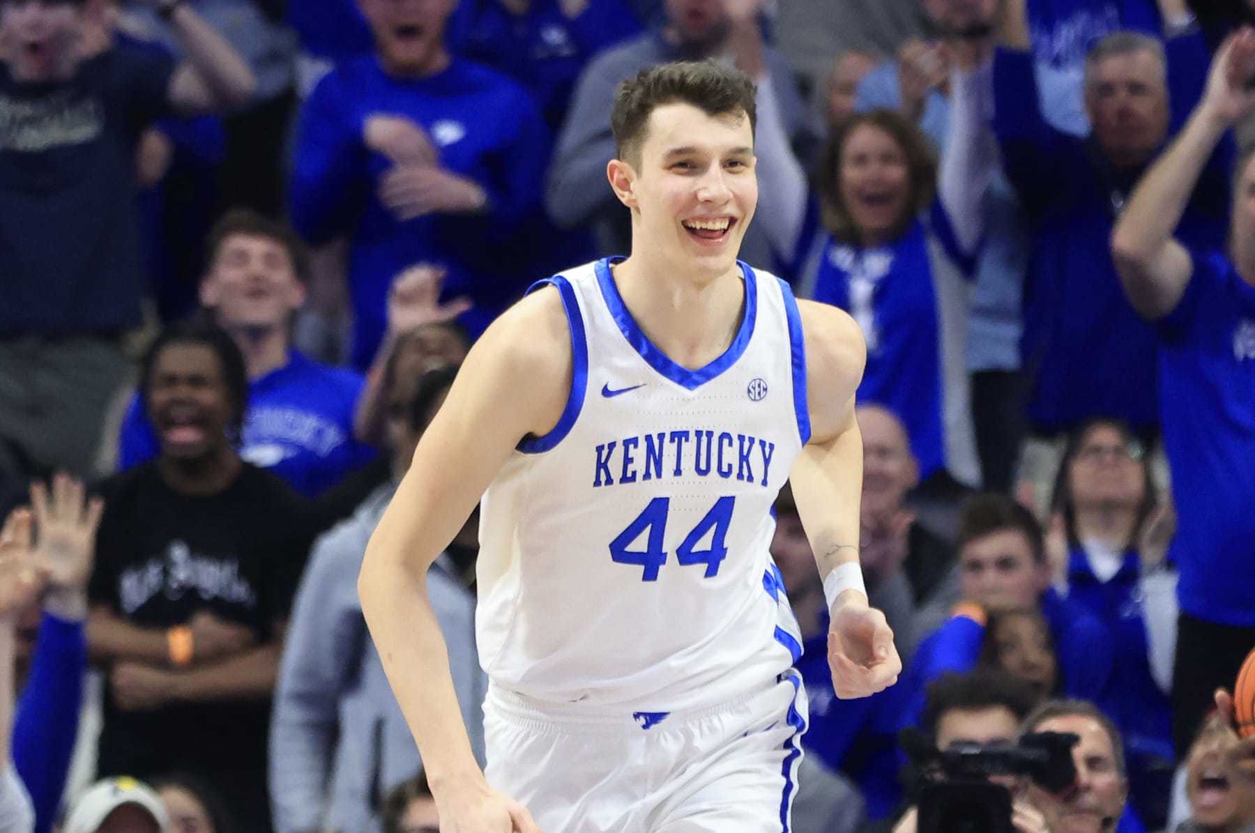 LEXINGTON, KENTUCKY - FEBRUARY 24: Zvonimir Ivisic #44 of the Kentucky Wildcats reacts after a dunk during the first half in the game against the Alabama Crimson Tide at Rupp Arena on February 24, 2024 in Lexington, Kentucky. (Photo by Justin Casterline/Getty Images)