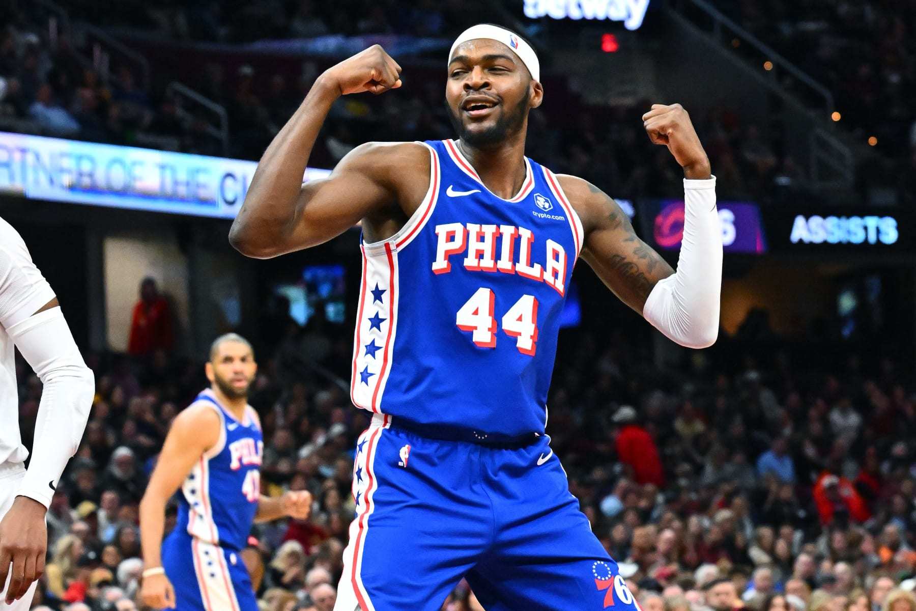 CLEVELAND, OHIO - MARCH 29: Paul Reed #44 of the Philadelphia 76ers celebrates after scoring during the first half against the Cleveland Cavaliers at Rocket Mortgage Fieldhouse on March 29, 2024 in Cleveland, Ohio. NOTE TO USER: User expressly acknowledges and agrees that, by downloading and or using this photograph, User is consenting to the terms and conditions of the Getty Images License Agreement. (Photo by Jason Miller/Getty Images)