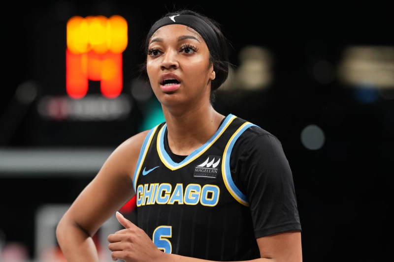 BROOKLYN, NY - MAY 23: Angel Reese #5 of the Chicago Sky looks on during the game against the New York Liberty on May 23, 2024 in Brooklyn, New York. NOTE TO USER: User expressly acknowledges and agrees that, by downloading and or using this photograph, user is consenting to the terms and conditions of the Getty Images License Agreement. Mandatory Copyright Notice: Copyright 2024 NBAE (Photo by Evan Yu/NBAE via Getty Images)