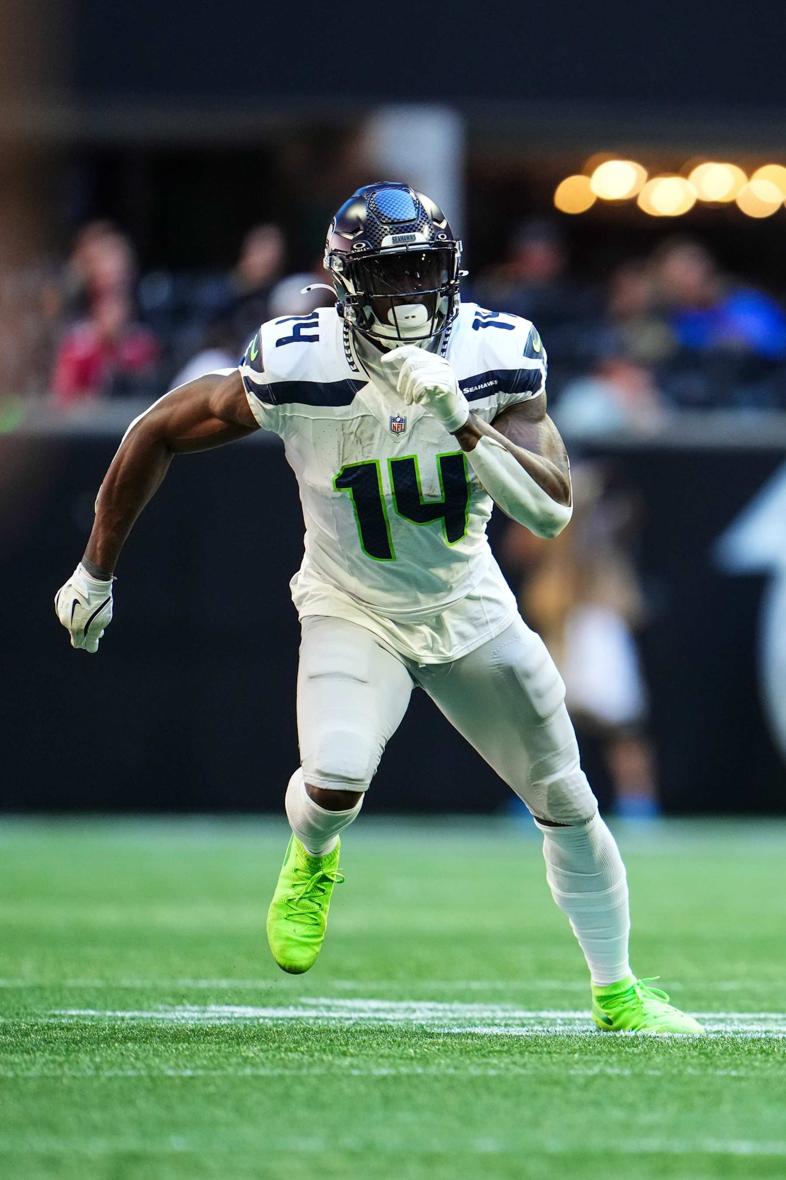 ATLANTA, GA - OCTOBER 20: DK Metcalf #14 of the Seattle Seahawks runs a route during an NFL football game against the Atlanta Falcons at Mercedes-Benz Stadium on October 20, 2024 in Atlanta, Georgia. (Photo by Cooper Neill/Getty Images)