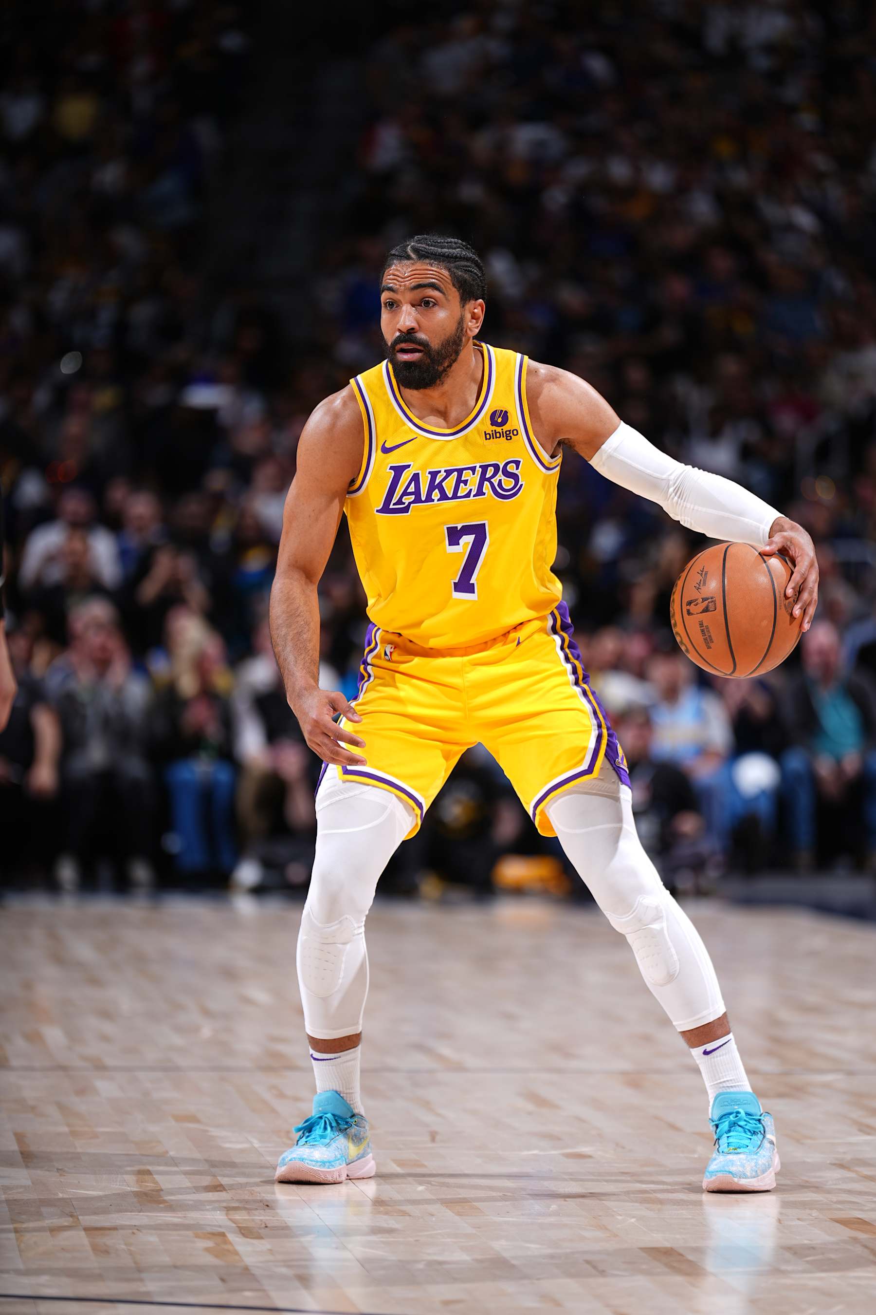 DENVER, CO - APRRIL 22: Gabe Vincent #7 of the Los Angeles Lakers dribbles the ball during the game against the Denver Nuggets during Round 1 Game 2 of the 2024 NBA Playoffs on April 22, 2024 at the Ball Arena in Denver, Colorado. NOTE TO USER: User expressly acknowledges and agrees that, by downloading and/or using this Photograph, user is consenting to the terms and conditions of the Getty Images License Agreement. Mandatory Copyright Notice: Copyright 2024 NBAE (Photo by Garrett Ellwood/NBAE via Getty Images)