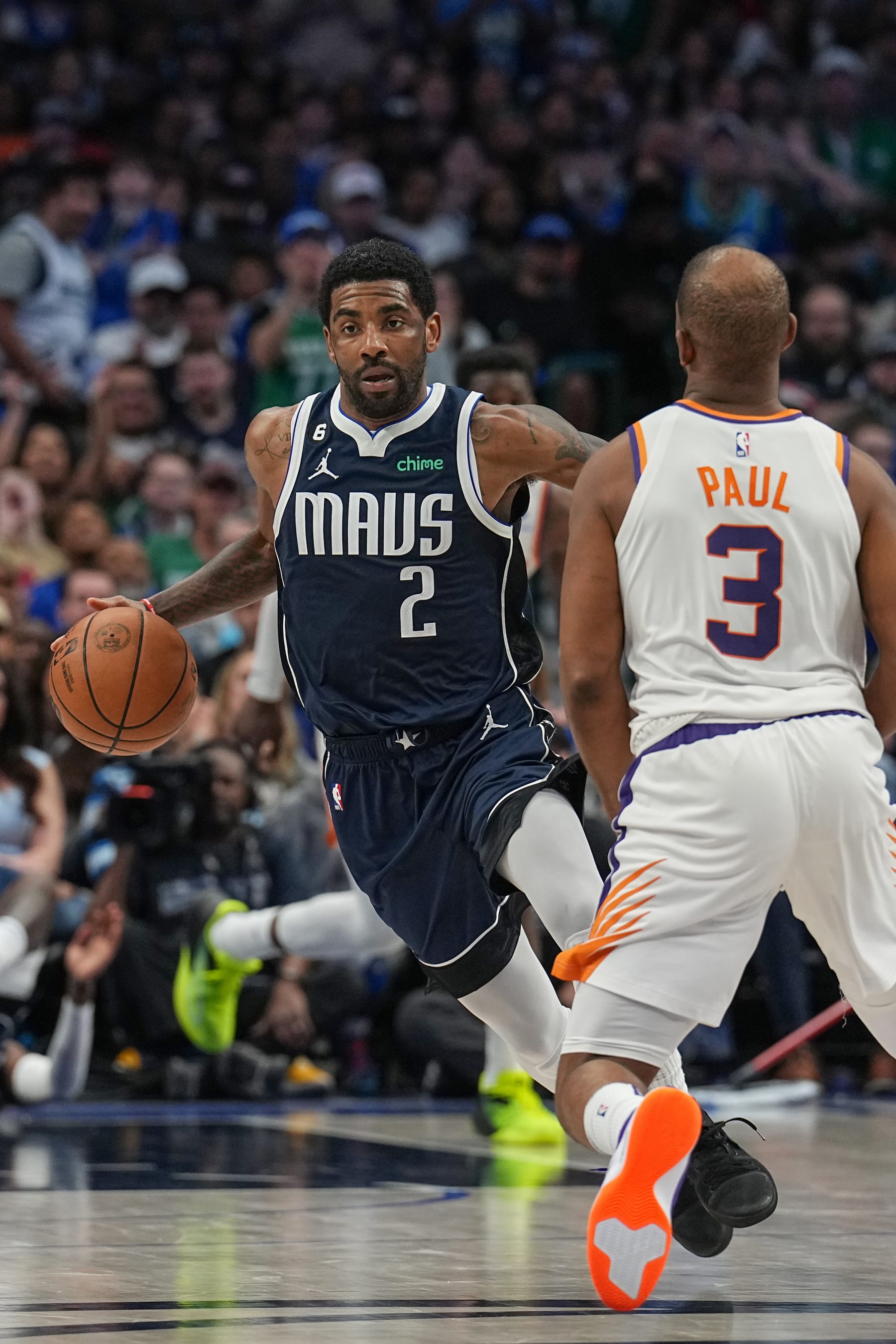 DALLAS, TX - MARCH 5: Kyrie Irving #2 of the Dallas Mavericks goes to the basket during the game on March 5, 2023 at the American Airlines Center in Dallas, Texas. NOTE TO USER: User expressly acknowledges and agrees that, by downloading and or using this photograph, User is consenting to the terms and conditions of the Getty Images License Agreement. Mandatory Copyright Notice: Copyright 2023 NBAE (Photo by Glenn James/NBAE via Getty Images)