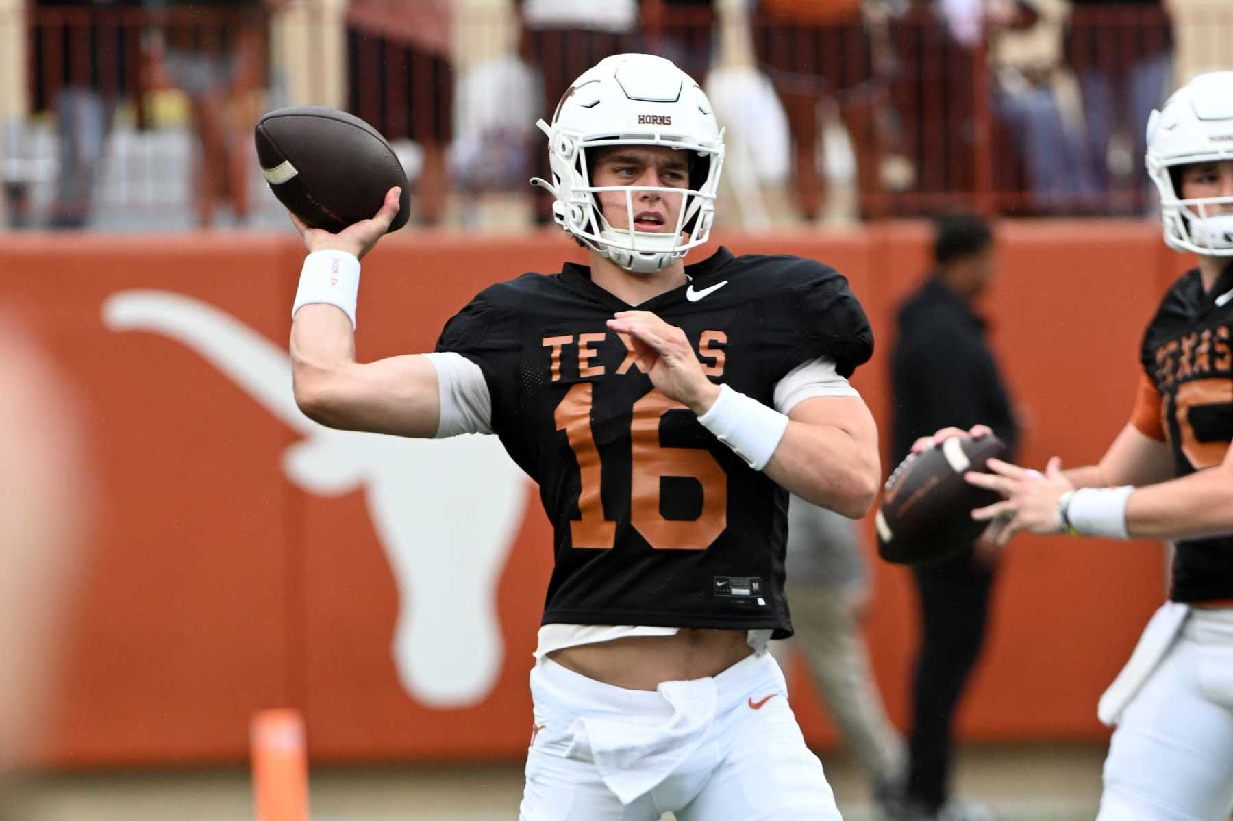 AUSTIN, TX - APRIL 20: Texas Longhorns QB Arch Manning throws a pass during warm ups prior to the Orange-White spring game on April 20, 2024, at Darrell K Royal-Texas Memorial Stadium in Austin, TX. (Photo by John Rivera/Icon Sportswire via Getty Images)