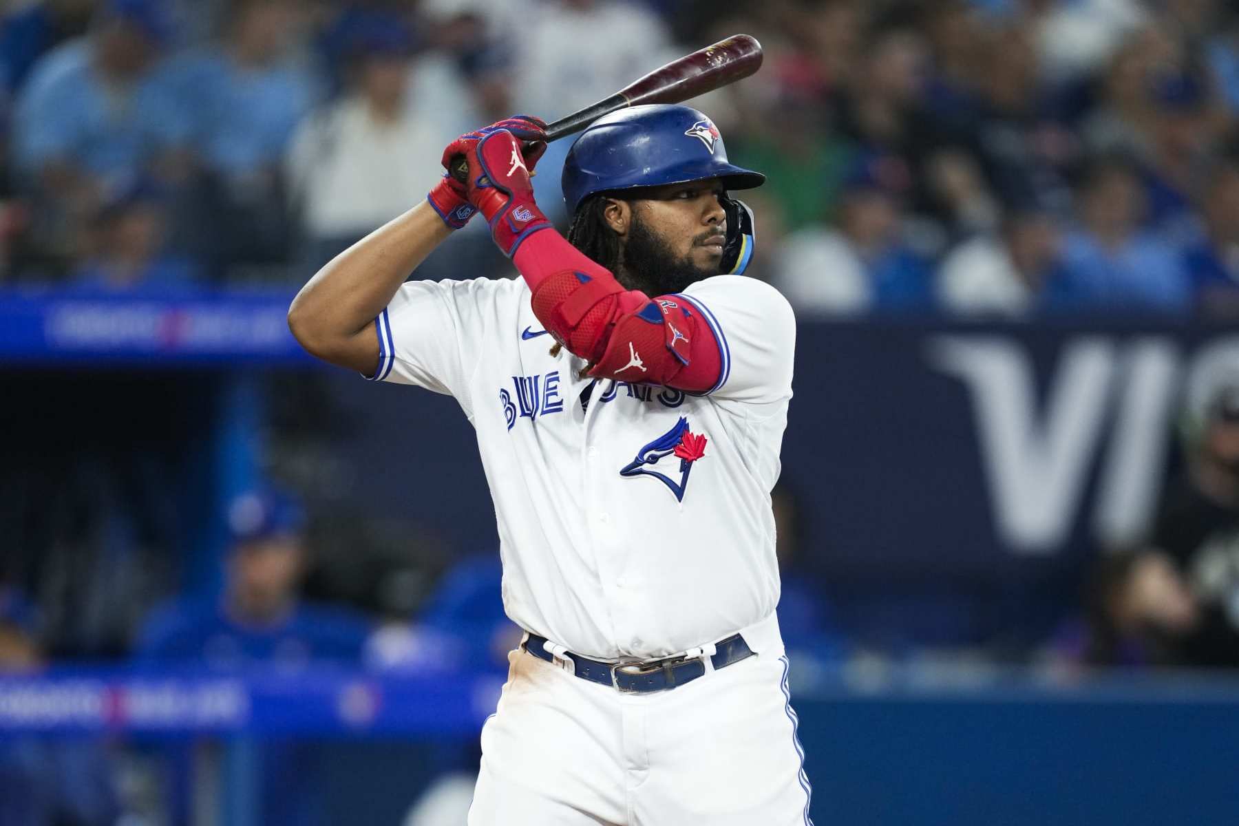TORONTO, ON - JUNE 28: Vladimir Guerrero Jr. #27 of Toronto Blue Jays takes an at bat against the San Francisco Giants during the second inning in their MLB game at the Rogers Centre on June 28, 2023 in Toronto, Ontario, Canada. (Photo by Mark Blinch/Getty Images)