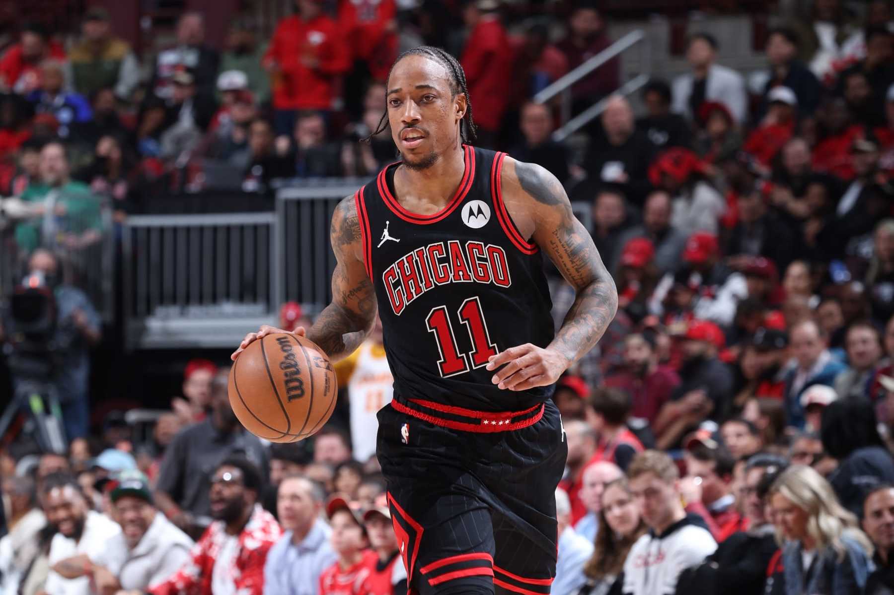 CHICAGO, IL - APRIL 17: DeMar DeRozan #11 of the Chicago Bulls handles the ball during the game against the Atlanta Hawks during the 2024 Play-In Tournament on April 17, 2024 at United Center in Chicago, Illinois. NOTE TO USER: User expressly acknowledges and agrees that, by downloading and or using this photograph, User is consenting to the terms and conditions of the Getty Images License Agreement. Mandatory Copyright Notice: Copyright 2024 NBAE (Photo by Jeff Haynes/NBAE via Getty Images)