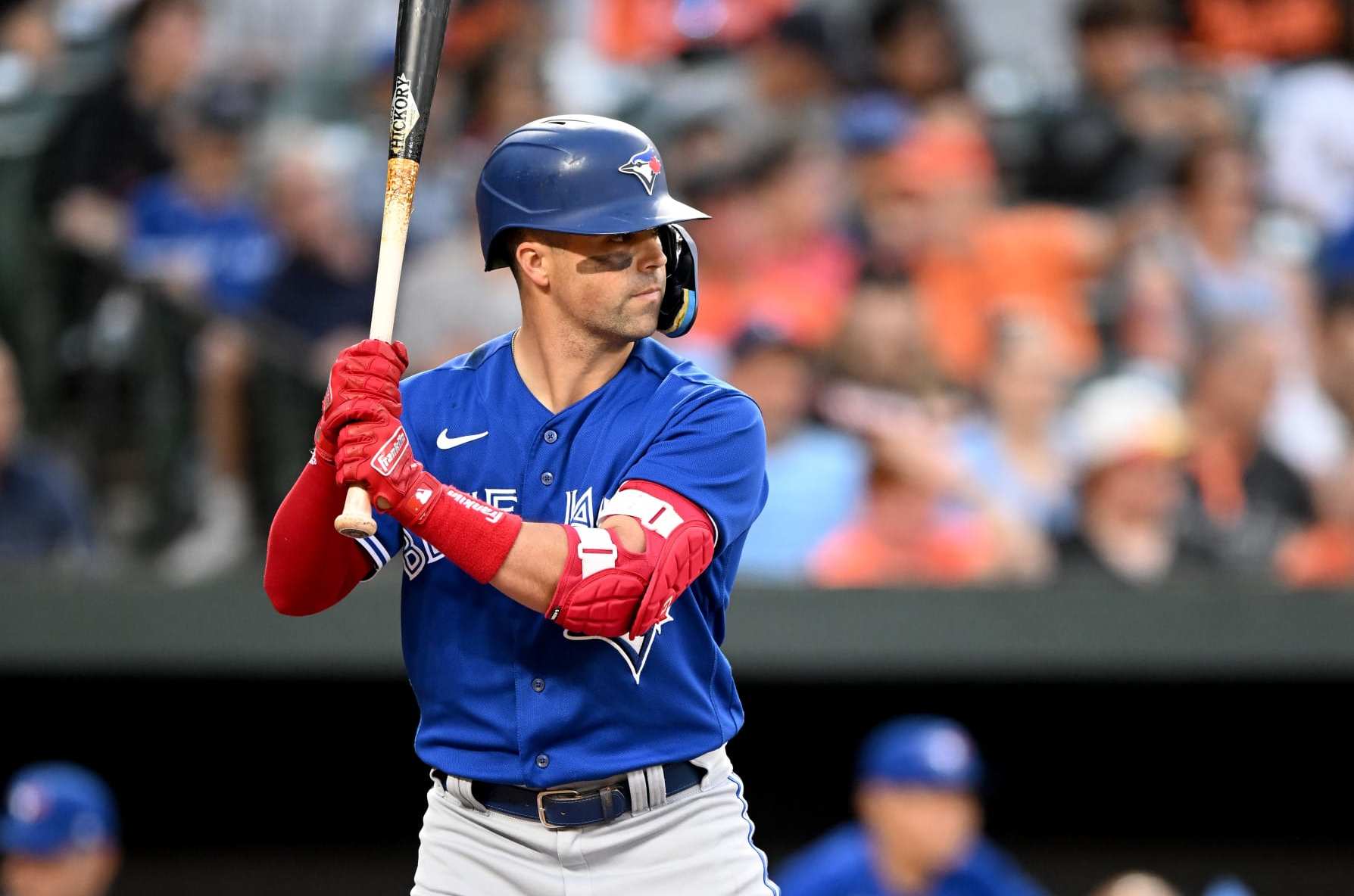 BALTIMORE, MARYLAND - JUNE 14: Whit Merrifield #15 of the Toronto Blue Jays bats against the Baltimore Orioles at Oriole Park at Camden Yards on June 14, 2023 in Baltimore, Maryland. (Photo by G Fiume/Getty Images)