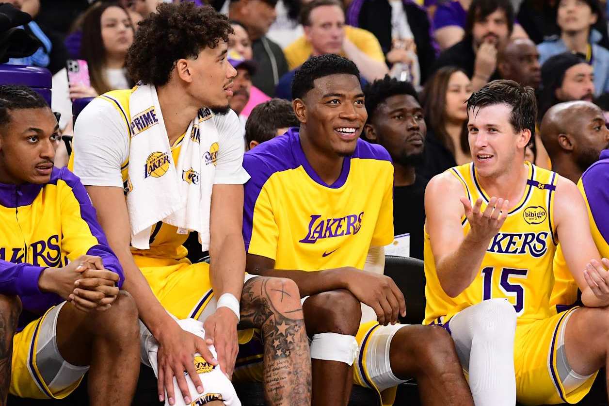 PALM SPRINGS, CA - OCTOBER 4: Austin Reaves #15 and Rui Hachimura #28 of the Los Angeles Lakers sit on the bench during the game against the Minnesota Timberwolves during an NBA preseason game on October 4, 2024 at Acrisure Arena in Palm Springs, California. NOTE TO USER: User expressly acknowledges and agrees that, by downloading and/or using this Photograph, user is consenting to the terms and conditions of the Getty Images License Agreement. Mandatory Copyright Notice: Copyright 2024 NBAE (Photo by Adam Pantozzi/NBAE via Getty Images)