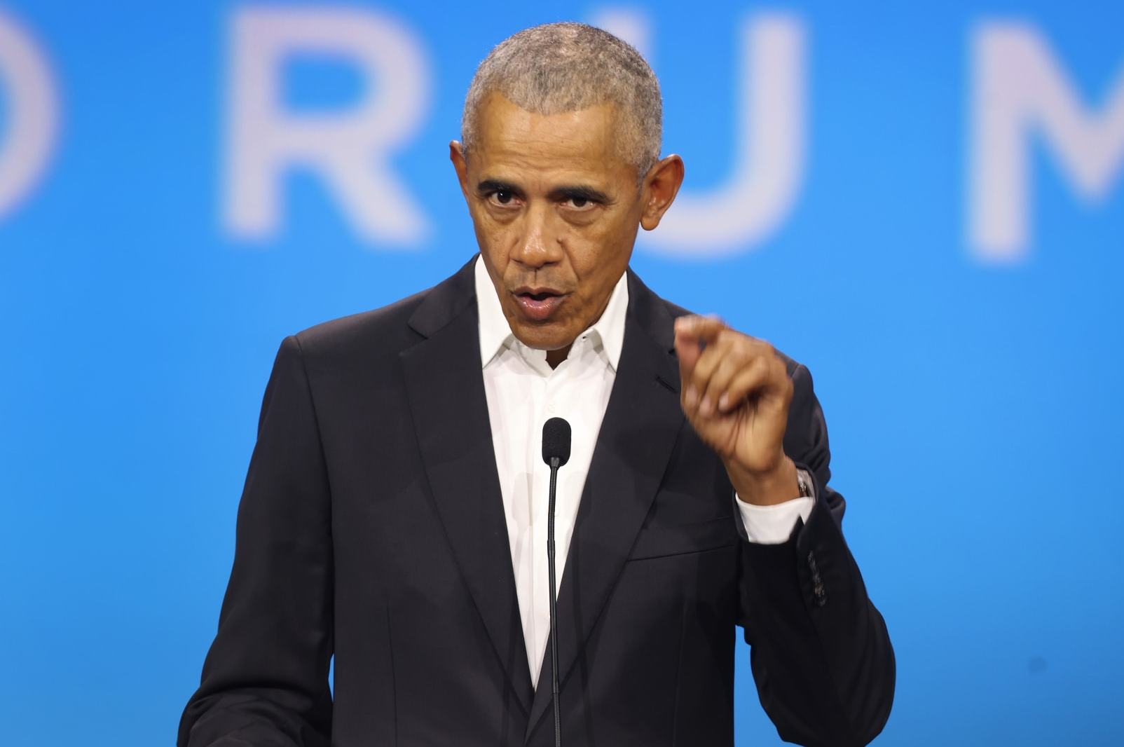 CHICAGO, ILLINOIS - NOVEMBER 03: Former President Barack Obama speaks to attendees at the Obama Foundation Democracy Forum on November 03, 2023 in Chicago, Illinois. Obama spoke about economic inclusion is fundamental to safeguarding and expanding democracies in countries around the world. (Photo by Scott Olson/Getty Images)
