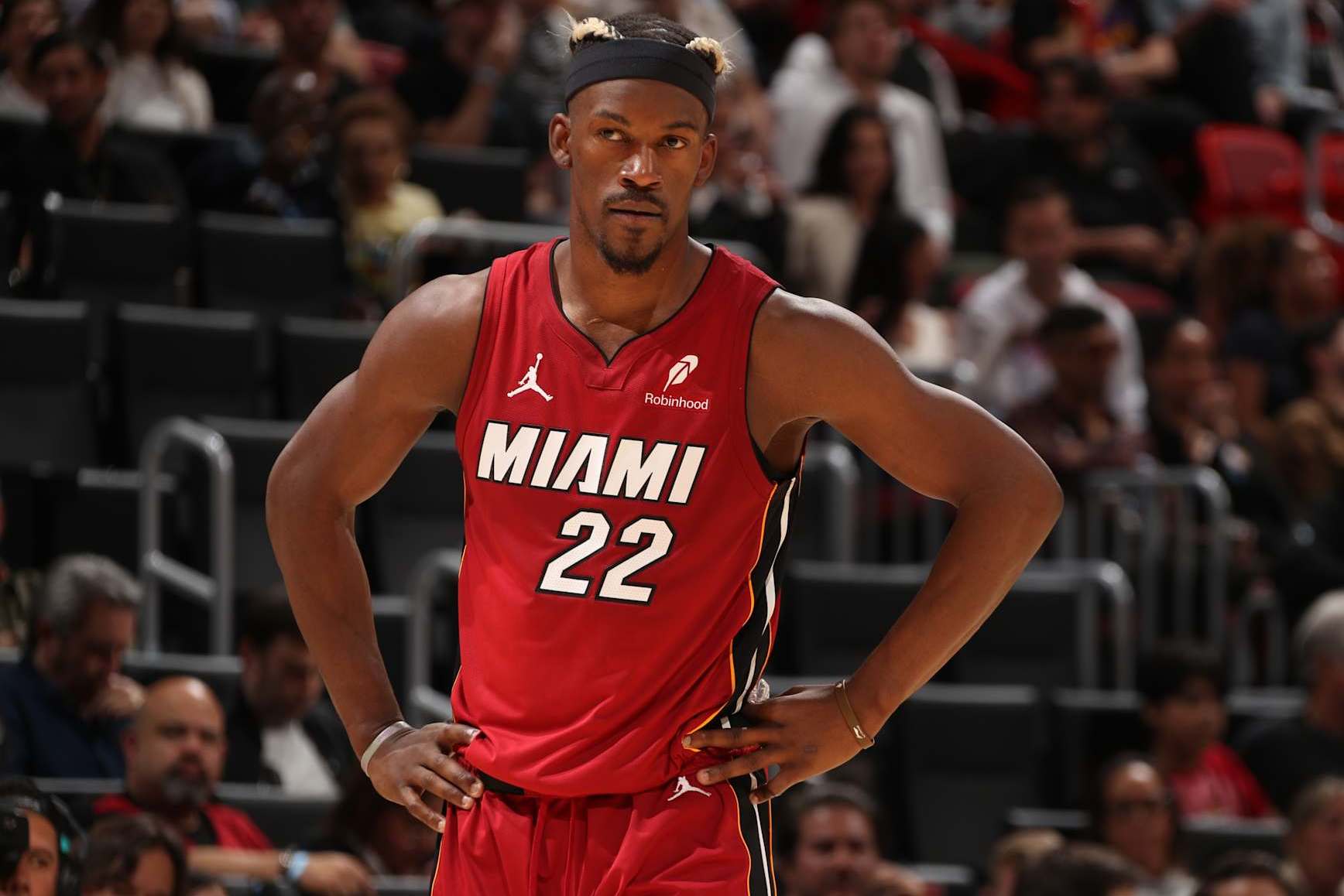 MIAMI, FL - JANUARY 21:  Jimmy Butler #22 of the Miami Heat during the game against the Portland Trail Blazers on January 21, 2025 at Kaseya Center in Miami, Florida. NOTE TO USER: User expressly acknowledges and agrees that, by downloading and or using this Photograph, user is consenting to the terms and conditions of the Getty Images License Agreement. Mandatory Copyright Notice: Copyright 2025 NBAE (Photo by Issac Baldizon/NBAE via Getty Images)