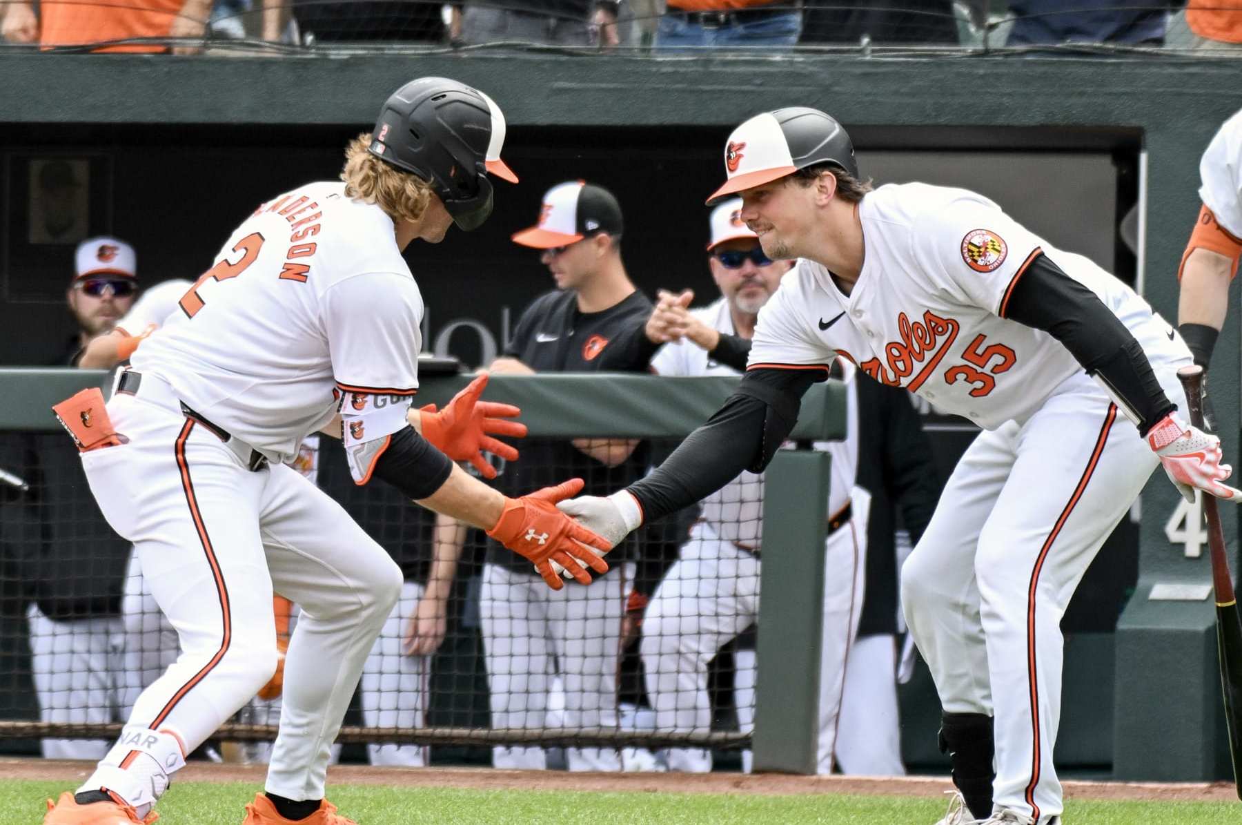 BALTIMORE, MD - April 17: Baltimore Orioles shortstop Gunnar Henderson (2) is congratulated by catcher Adley Rutschman (35) after hitting a lead off home run during the Minnesota Twins versus the Baltimore Orioles on April 17, 2024 at Oriole Park at Camden Yards in Baltimore, MD. (Photo by Mark Goldman/Icon Sportswire via Getty Images) BALTIMORE, MD - April 17: Baltimore Orioles shortstop Gunnar Henderson (2) is congratulated by catcher Adley Rutschman (35) after hitting a lead off home run during the Minnesota Twins versus the Baltimore Orioles on April 17, 2024 at Oriole Park at Camden Yards in Baltimore, MD. (Photo by Mark Goldman/Icon Sportswire via Getty Images)