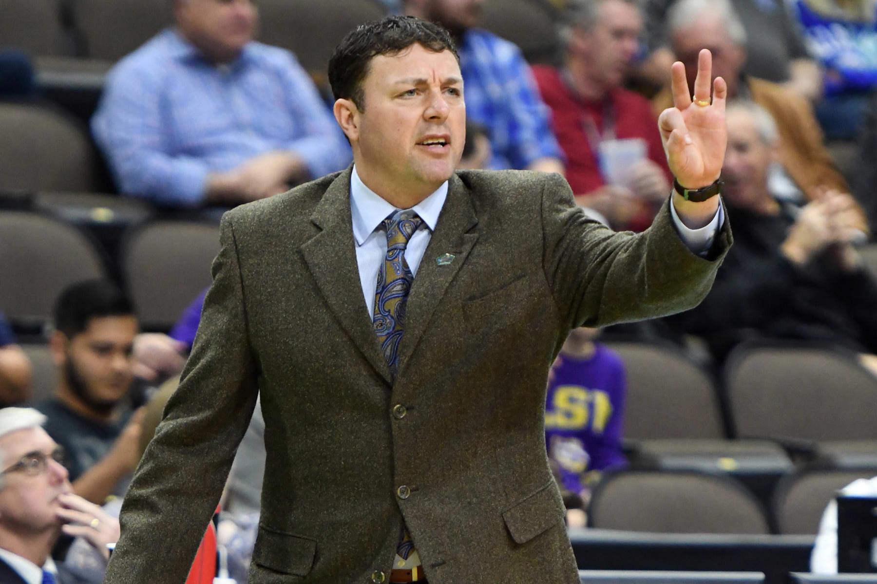 JACKSONVILLE, FL - MARCH 21: Assistant coach Greg Heiar signals his players during the First Round of the NCAA Basketball Tournament against the Yale Bulldogs at the VyStar Veterans Memorial Arena on March 21, 2019 in Jacksonville, Florida. (Photo by Mitchell Layton/Getty Images)