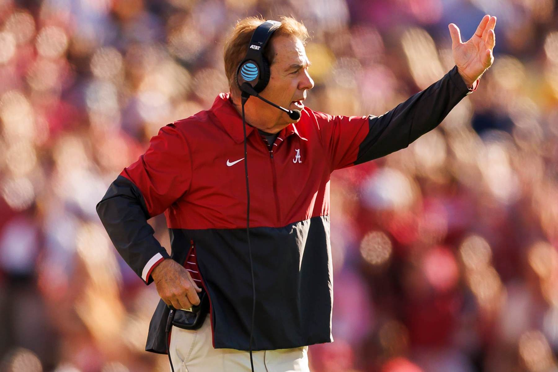 PASADENA, CALIFORNIA - JANUARY 01: Head coach Nick Saban of the Alabama Crimson Tide gestures during the CFP Semifinal Rose Bowl Game against the Michigan Wolverines at Rose Bowl Stadium on January 1, 2024 in Pasadena, California. (Photo by Ryan Kang/Getty Images)