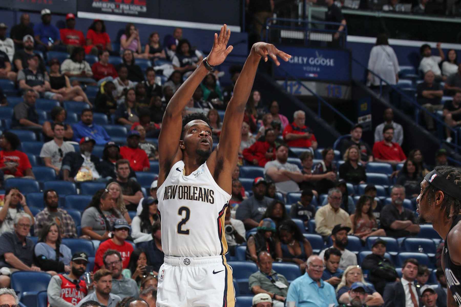 NEW ORLEANS, LA - OCTOBER 7: Herb Jones #2 of the New Orleans Pelicans shoots the ball during the game against the Orlando Magic on October 7, 2024 at the Smoothie King Center in New Orleans, Louisiana. NOTE TO USER: User expressly acknowledges and agrees that, by downloading and or using this Photograph, user is consenting to the terms and conditions of the Getty Images License Agreement. Mandatory Copyright Notice: Copyright 2024 NBAE (Photo by Layne Murdoch Jr./NBAE via Getty Images)