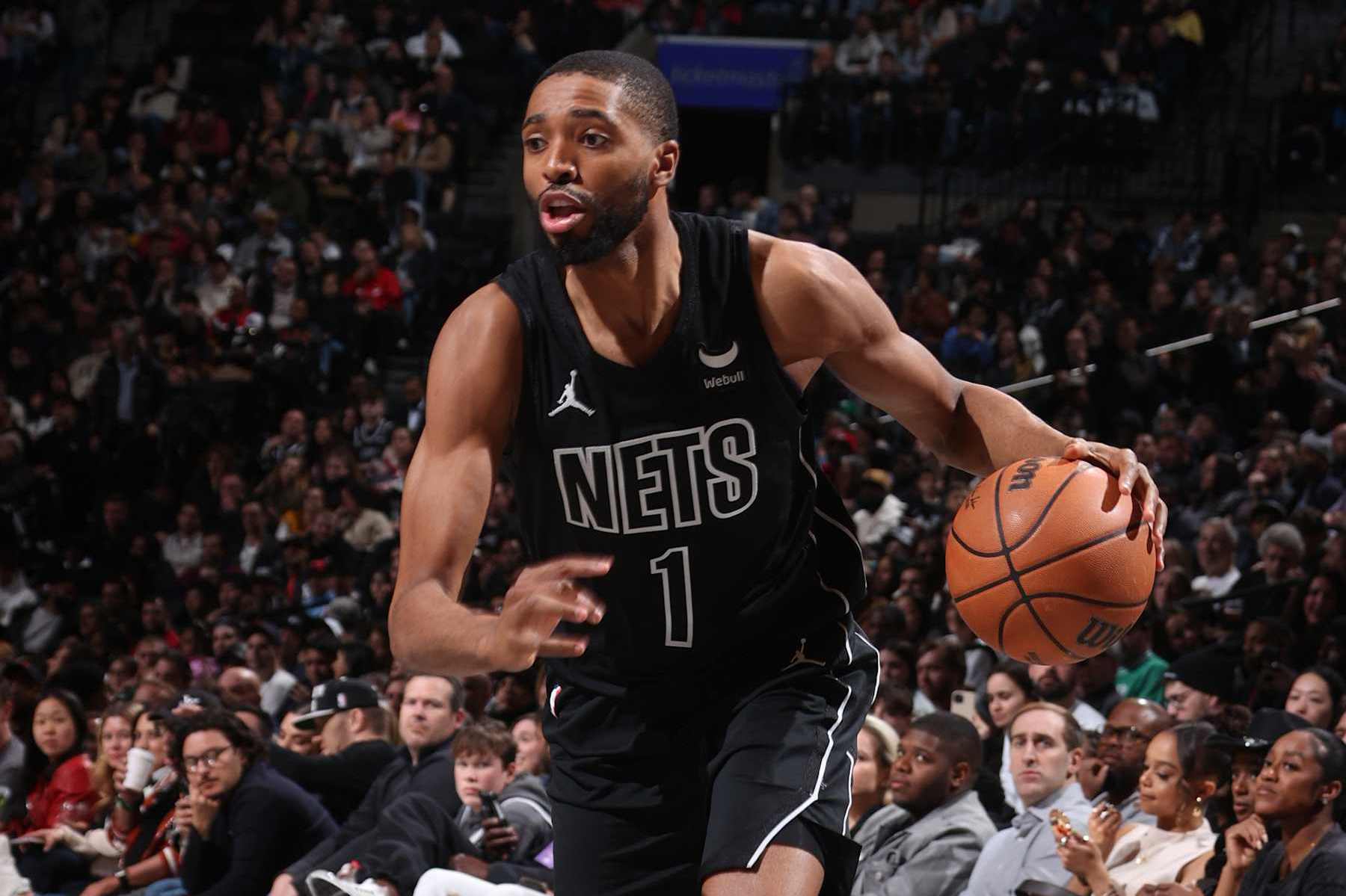 BROOKLYN, NY - MARCH 29: Mikal Bridges #1 of the Brooklyn Nets dribbles the ball during the game against the Chicago Bulls on March 29, 2024 at Barclays Center in Brooklyn, New York. NOTE TO USER: User expressly acknowledges and agrees that, by downloading and or using this Photograph, user is consenting to the terms and conditions of the Getty Images License Agreement. Mandatory Copyright Notice: Copyright 2024 NBAE (Photo by Nathaniel S. Butler/NBAE via Getty Images)